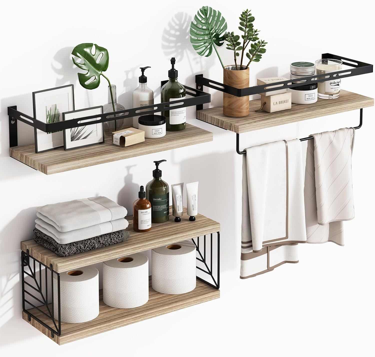 3+1 Bathroom Shelves over Toilet, Floating Shelves Wall Mounted with Metal Frame and Towel Bar for Bathroom, Kitchen, Bedroom, Living Room (Rustic Brown)