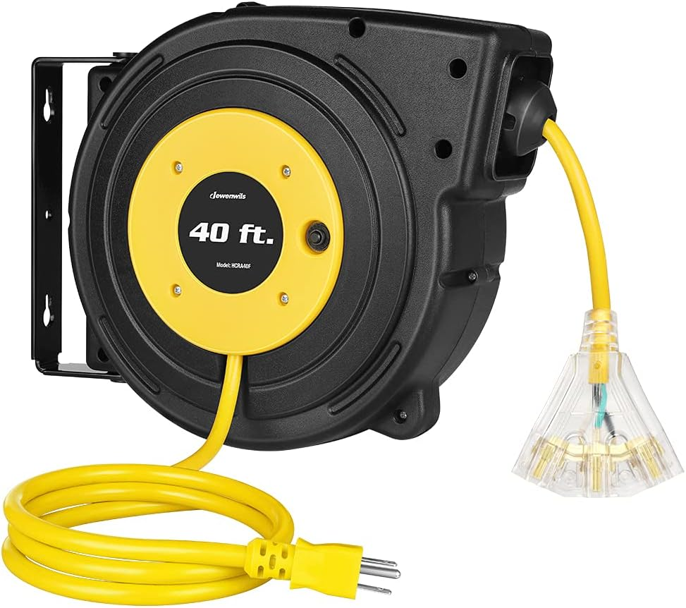 40FT Retractable Extension Cord Reel, Heavy Duty Power Cord Reel with 3-Lighted Triple Outlets, 12AWG/3C SJTOW Cord, 15A Circuit Breaker, Wall/Ceiling Mounted, UL Listed, Yellow
