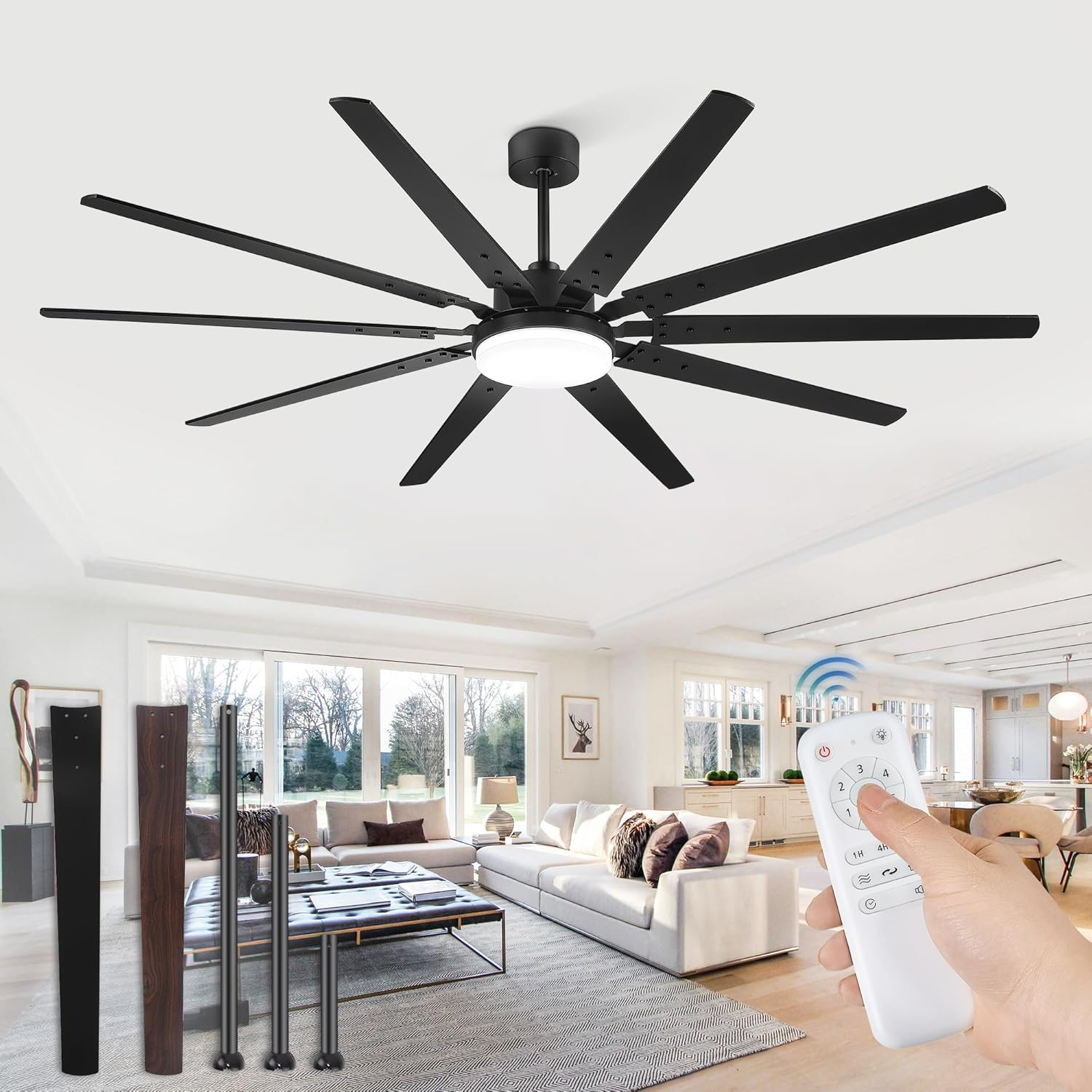 84 Inch Industrial Ceiling Fans with Lights, Large Ceiling Fan with Quiet DC Motor, 10 Reverisble Dual-Color Blades, 3CCT,6 Speeds,Black Commercial Indoor/Outdoor Ceiling Fans for Patios/Garage/Porch