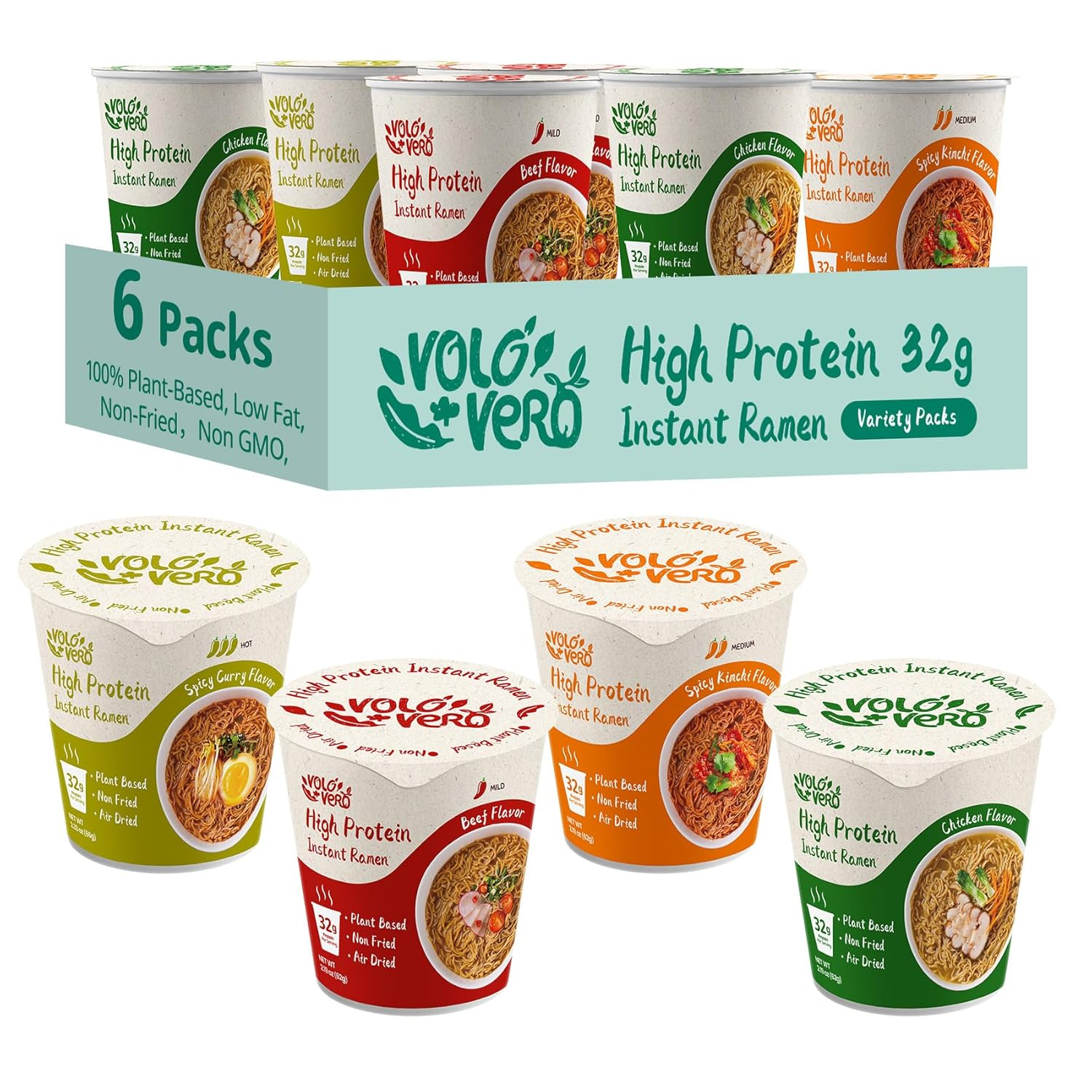 High Protein (32G) Ramen Noodles Cup Variety Pack, Plant-Based, Non-Fried, Vegan, Low Fat | Chicken, “Spicy” Beef, Kimchi, Curry Flavors | 6-Packs, Quick Healthy Asian Meal
