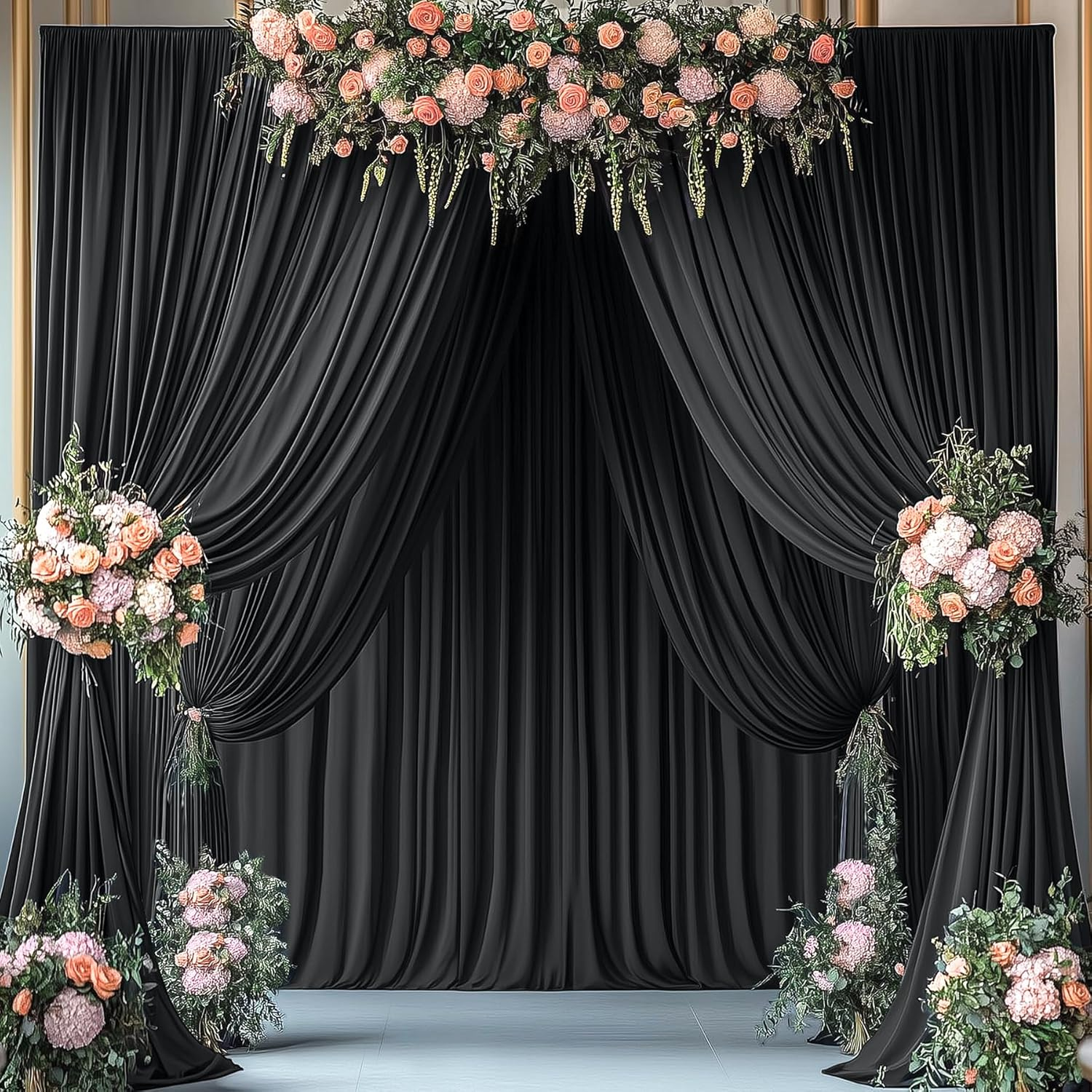 10x12 ft Black Backdrop Curtain Panels for Wedding Parties, Free Polyester Ph...