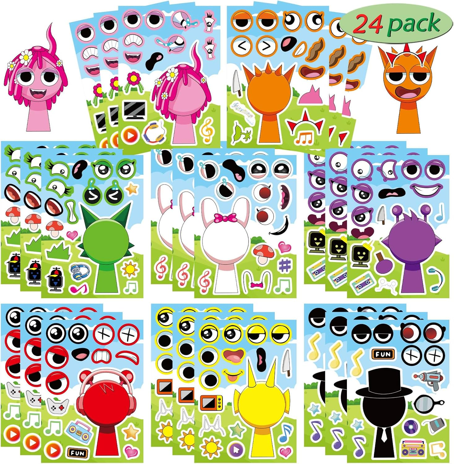 24Pcs 9”X6 Make-A-Face Sprunki Sticker for Kids, Make Your Own Sprunki Sticker