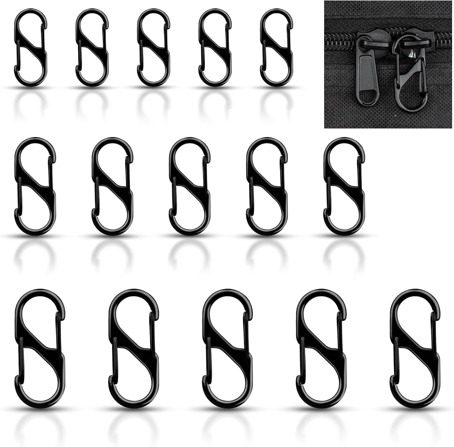 15Pcs Anti-Theft Zipper Clips, 3 Size Pull Replacement, Backpack Pulls Keep Zippers Closed, Dual S Shaped Small Carabiner Clip for Luggage Suitcase, Lock Clip Theft Deterrent (Black)