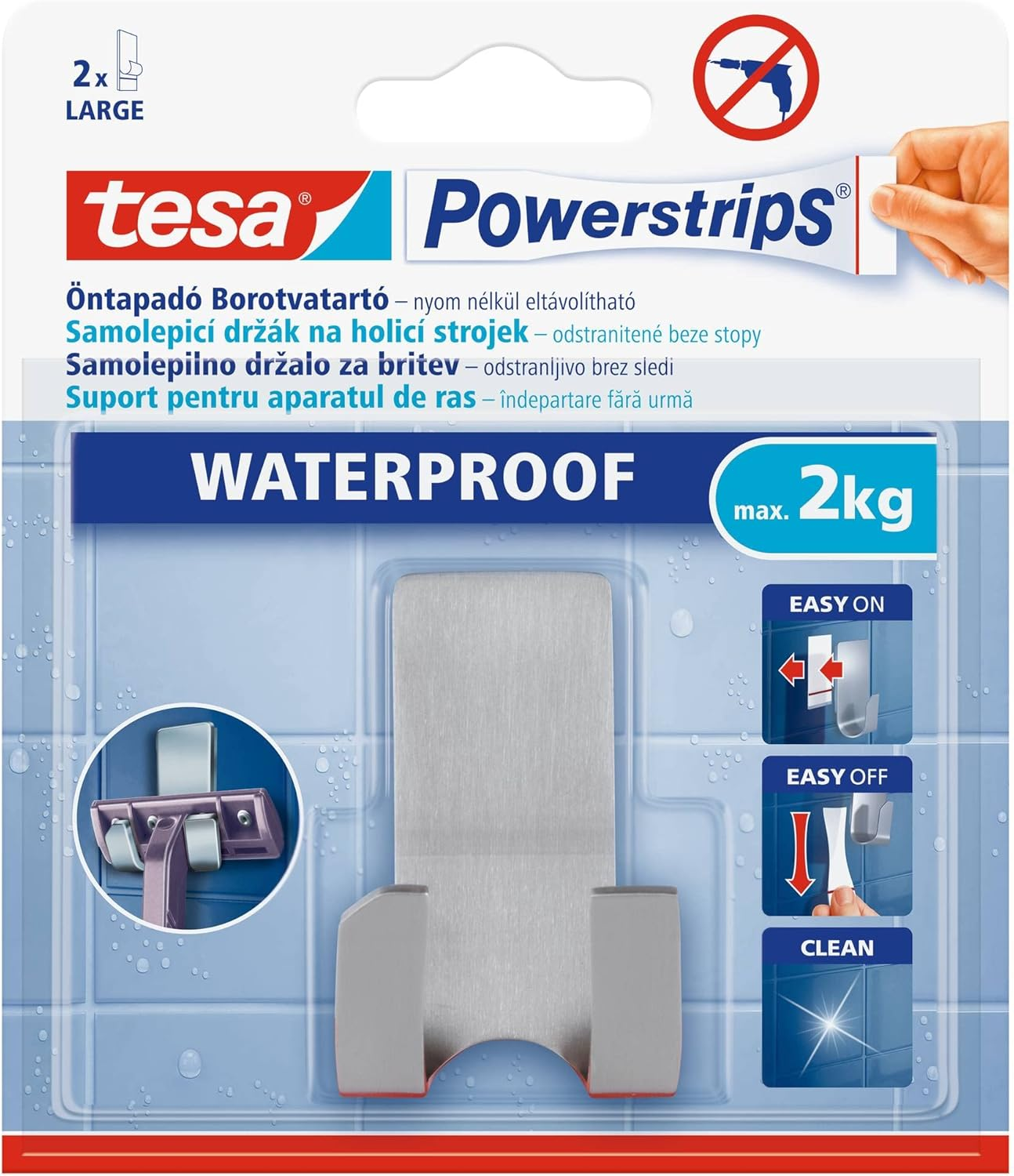 Powerstrips Waterproof Rasiererhalter Zoom, Metall - Selbstklebender Rasiererhalter Aus Edelstahl Für Dusche Und Bad