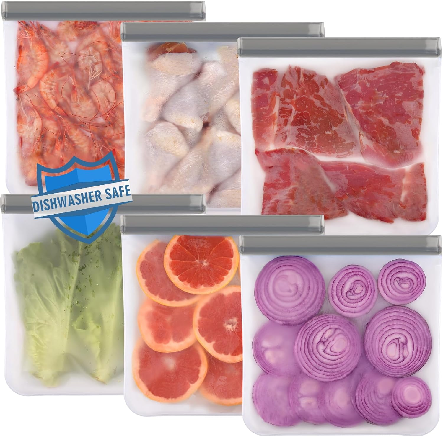 6 Pack Reusable Gallon Freezer Bags Dishwasher Safe, BPA Free Reusable 1 Gallon Bags Silicone, Leakproof Reusable Storage Bags for Marinate Meats, Cereal, Vegetables, Home Organization(Grey)