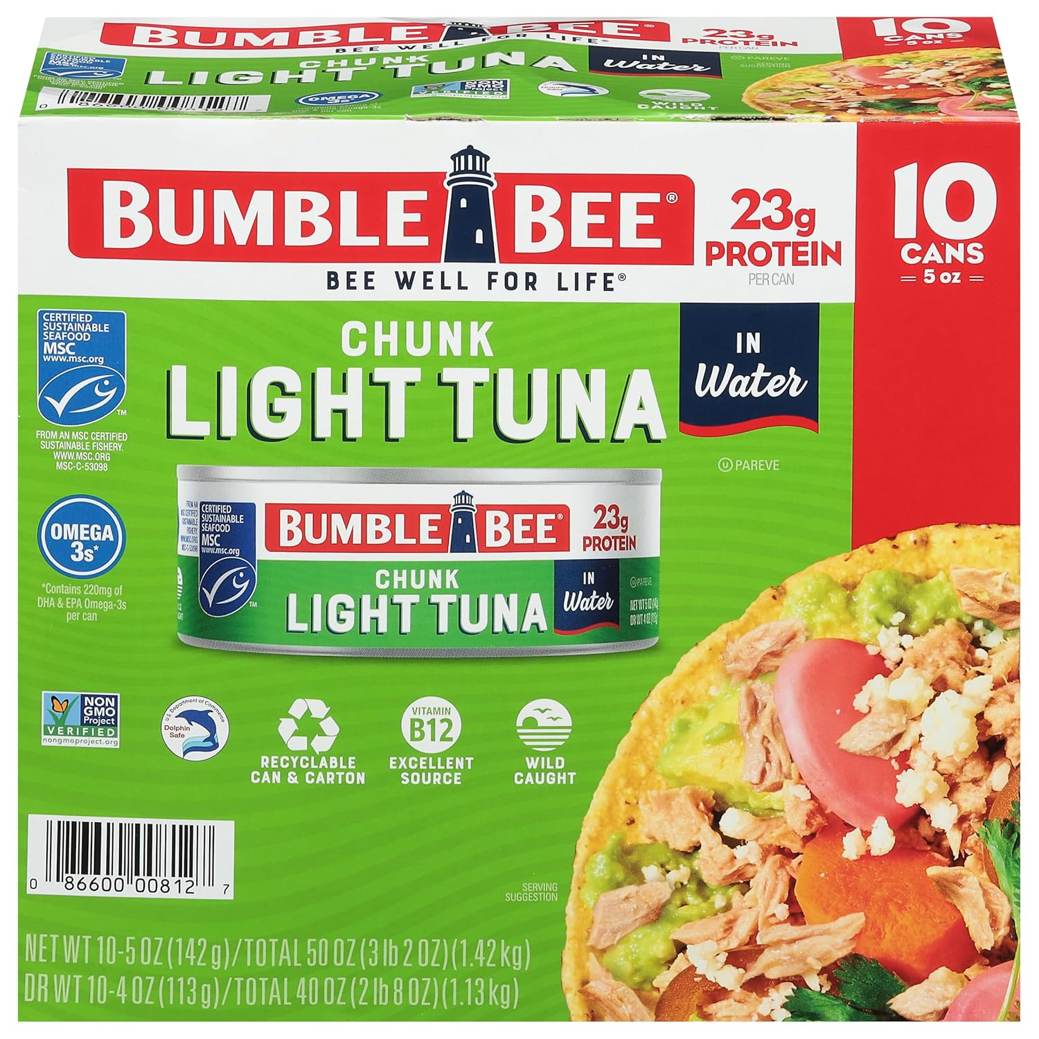 Chunk Light Tuna in Water, 5 Oz Cans (Pack of 10) - Wild Caught Skipjack Tuna - 23G Protein per Serving - MSC Certified Sustainable Seafood, Non-Gmo, Gluten Free, Kosher