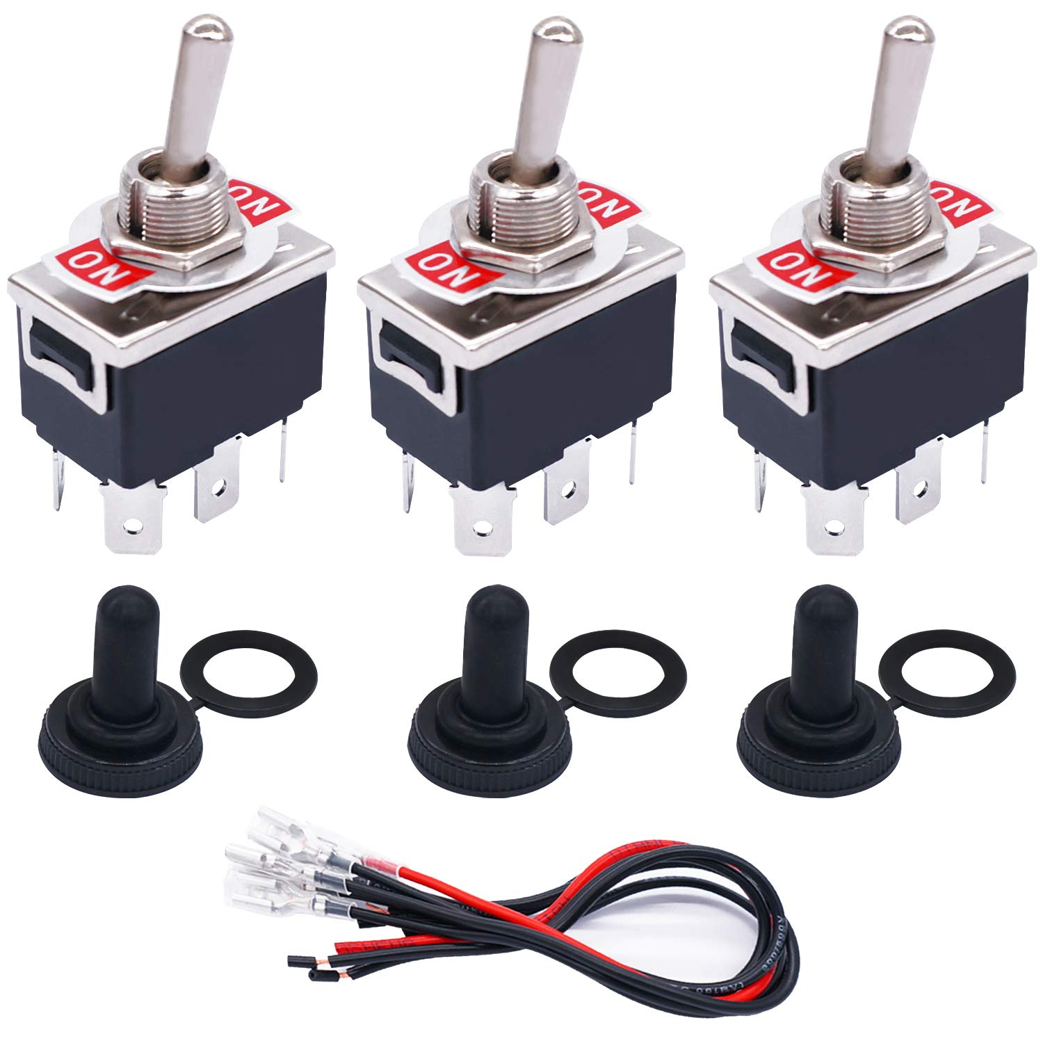 3 Pcs Toggle Rocker Switches ON/ON 6 Pin 2 Position Latching DPDT Heavy Duty 16A 250VAC Spade Terminal Metal Bat Switch with Waterproof Boat Cap and 6.3Mm Terminal Wires TEN-1321MZX-B202