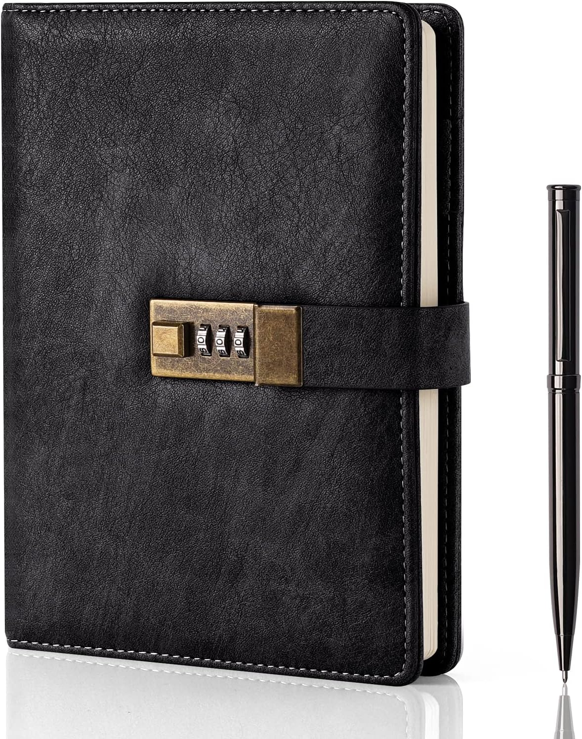 Diary with Lock, A5 PU Leather Journal with Lock 240 Pages, Vintage Locks Journal Password Notebook with Pen, Locks Diary Planner Organizer for Men and Women, 8.6X5.8In Black