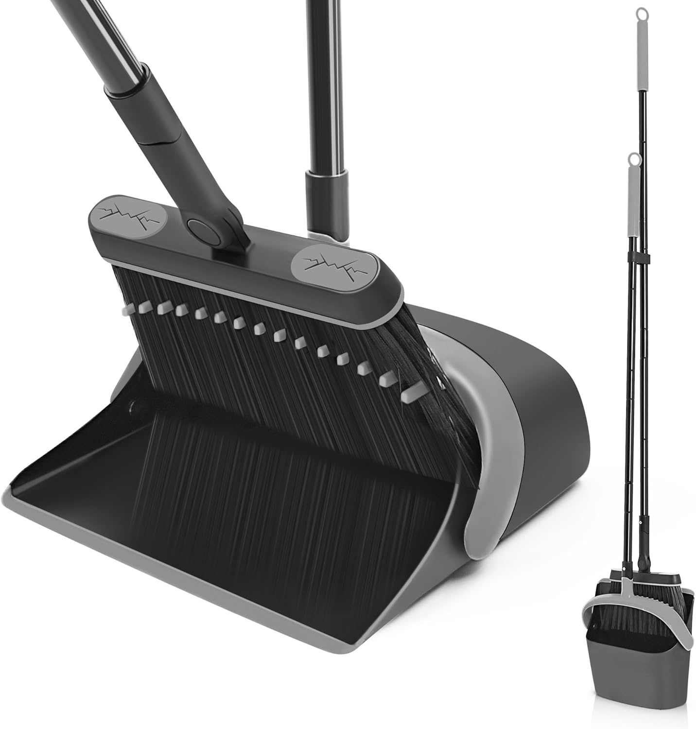 Broom and Dust Pan, 54.3 Inches Long Handle Swivel Brush, Upright Foldable Dustpan with Comb Teeth for Home Kitchen Lobby Indoor Floor Cleaning (Black & Gray)