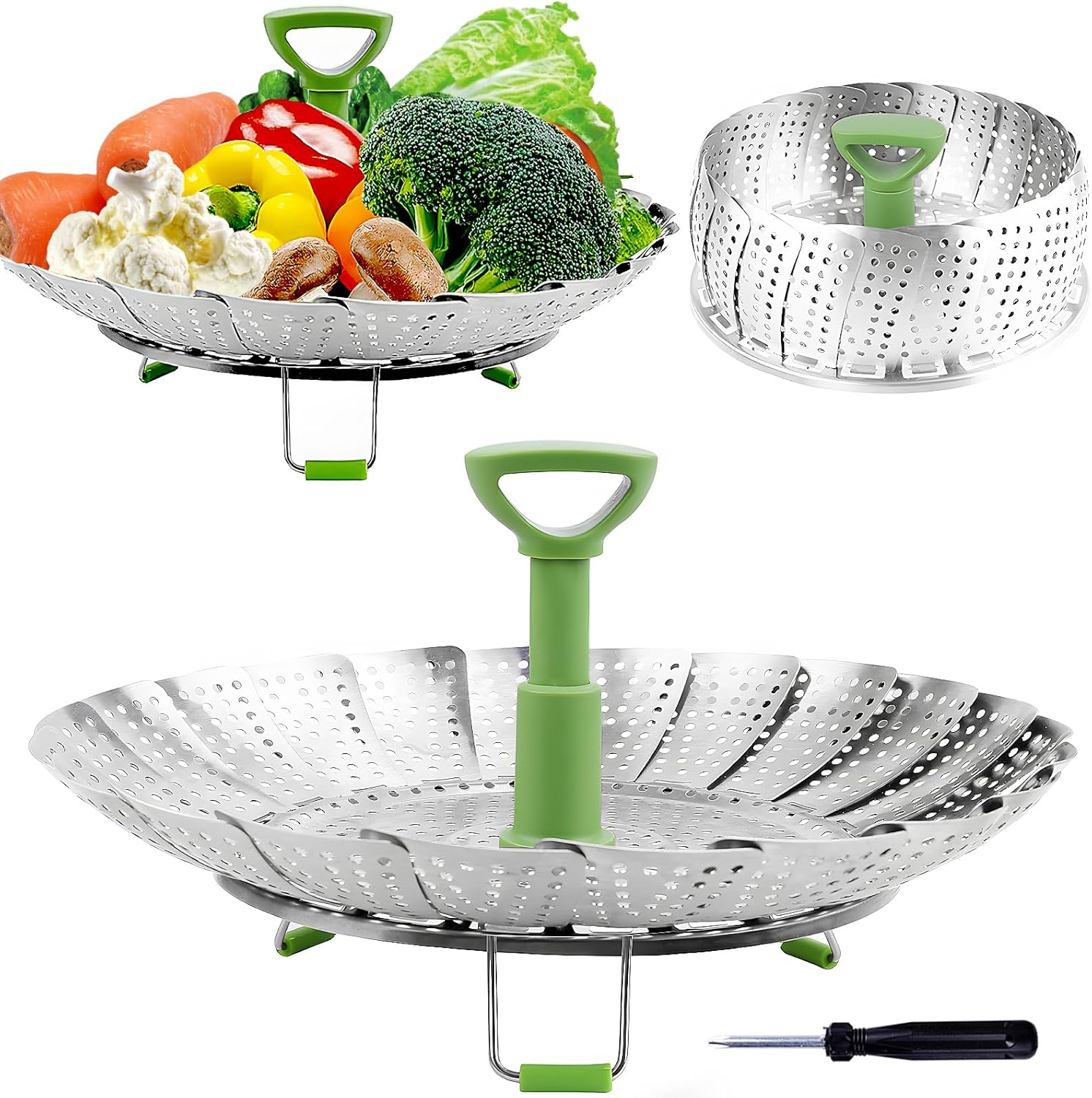 Vegetable Steamer Basket for Cooking Food, Stainless Steel Veggie Steam Basket for Pot, Folding Expandable Steaming Insert with Extendable Handle Fits Various Size Pot, 5.1