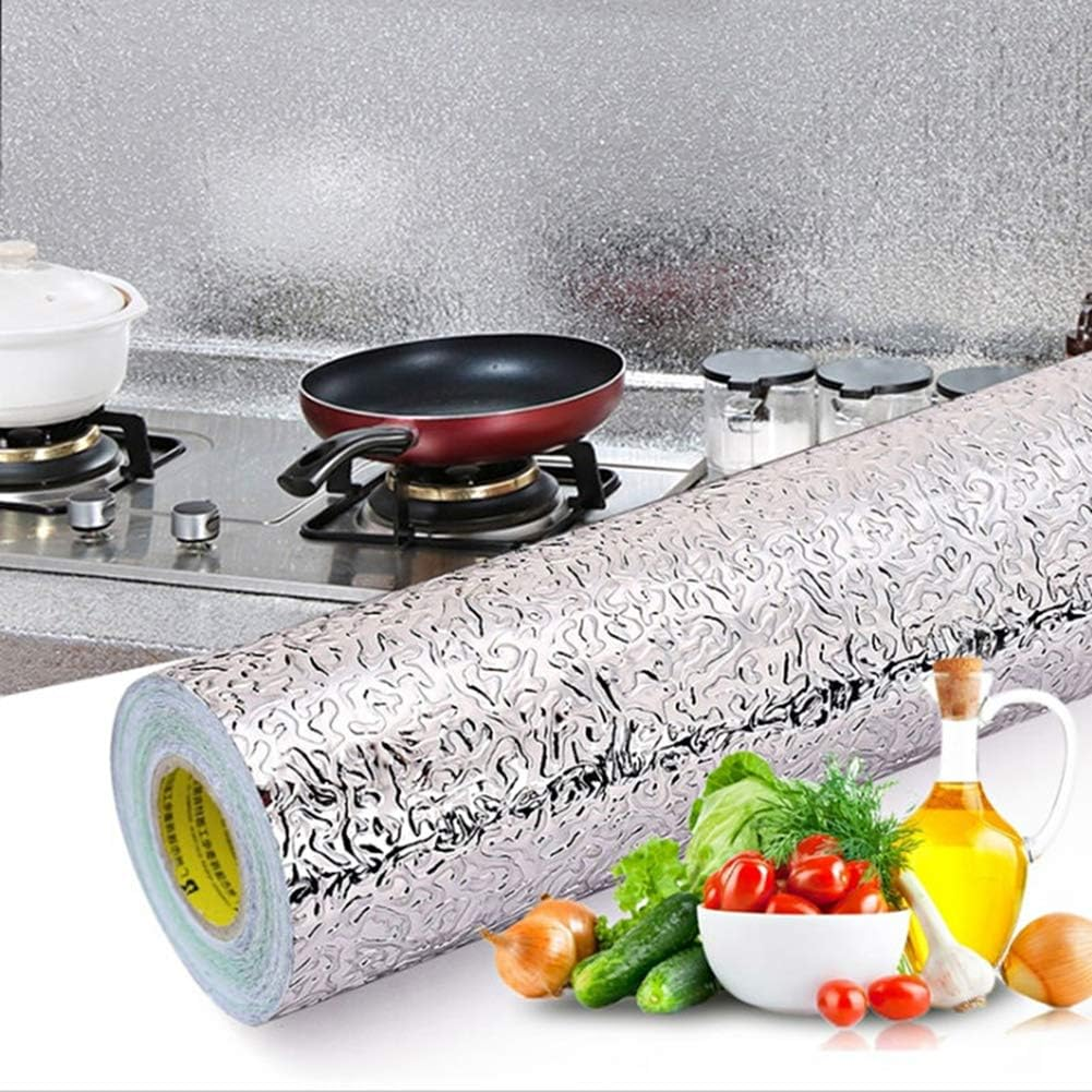 Livelynine Silver Contact Paper for Kitchen Oil Proof Waterproof Sticker Aluminum Foil Kitchen Wallpaper Backsplash Peel and Stick Self Adhesive Shelf Liners for Drawer Removable 15.8X78.8 Inch