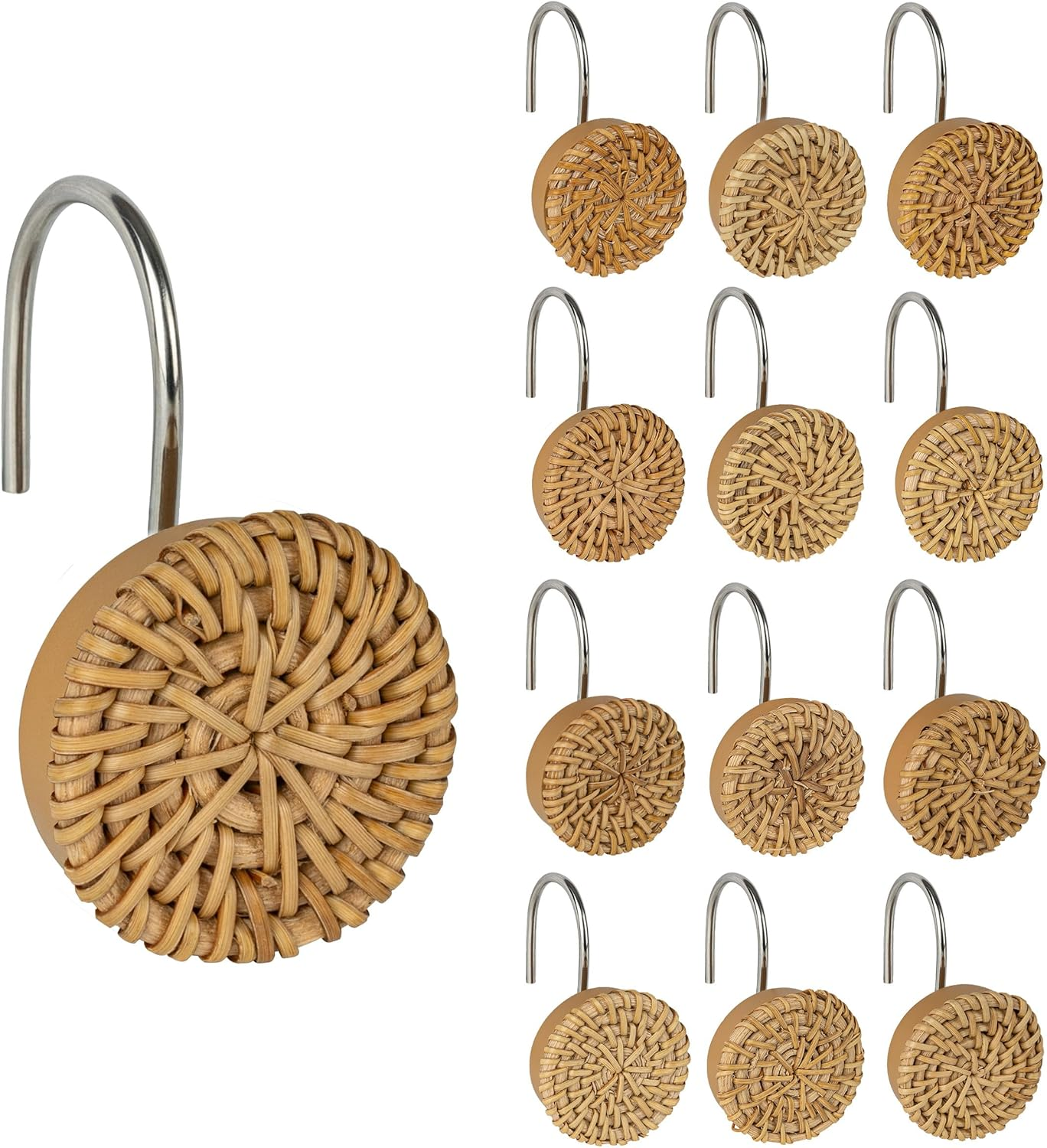 Woven Wicker Shower Curtain Hooks, Set of 12 for Farmhouse Bathrooms