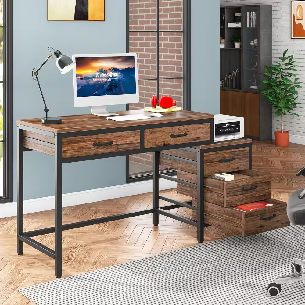 Moronia 51 In. Retangular Brown Black Computer Desk 5-Storage Drawers Home Office Study Writing Table Reversible Cabinet