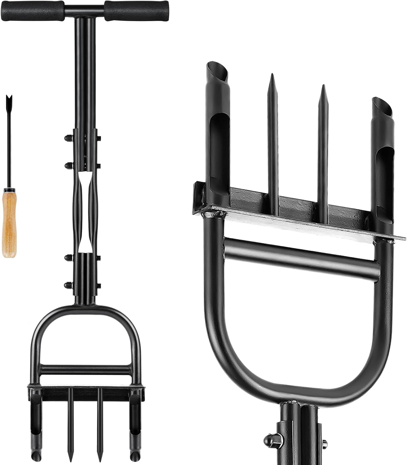 Manual Lawn Aerator Coring Tool Cleaning Stick 4 Tine Plug Core Yard Garden Soil