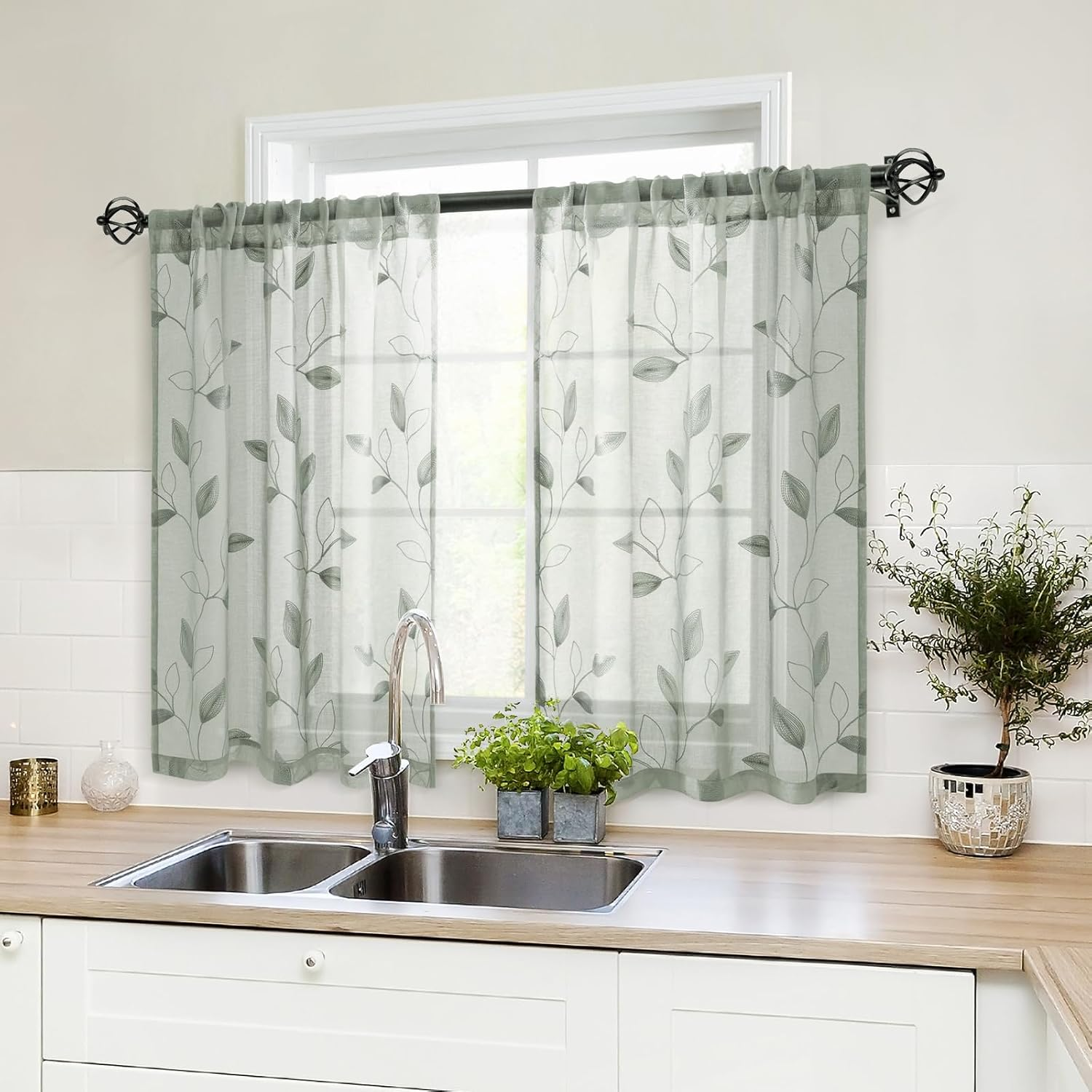Sage Green Sheer Kitchen Curtains 30 X 36 Inch Length 2 Panels Embroidered Leaf Pattern Short Curtains for Small Window Valance Tiers