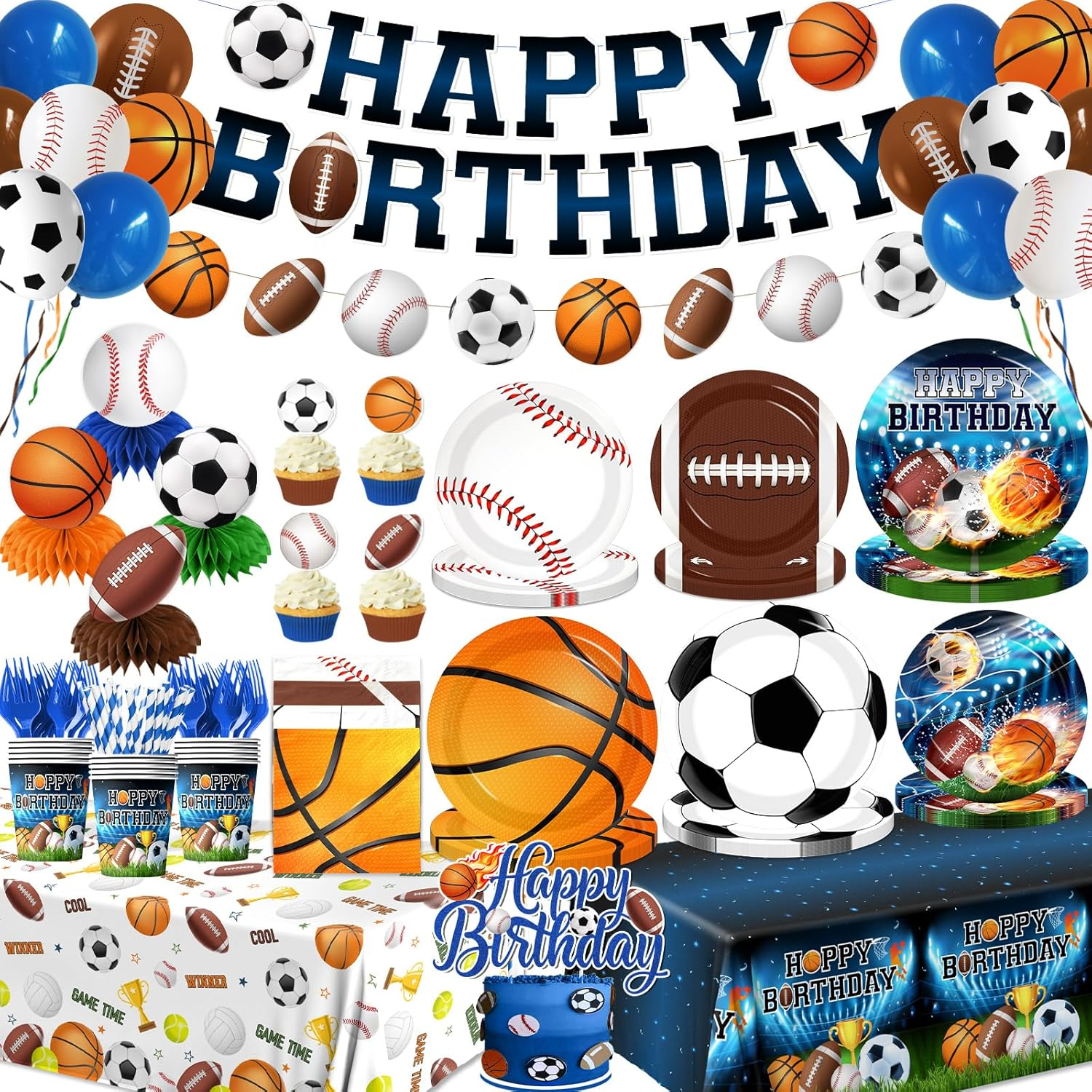 Sports Birthday Party Decorations-All Star Basketball Football Baseball Soccer Tableware Balloons Set for Boy Birthday,Serves 24