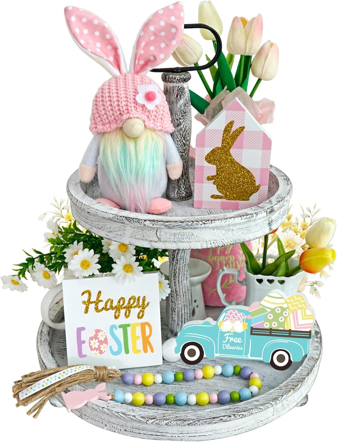 Easter Decorations, 5Pcs Easter Gnome Tiered Tray Decor, 3 Glitter Easter Wood Signs, Truck Full of Eggs, Easter Bunny Gnome Plush, Spring Easter Bead Garland,Rustic Farmhouse Spring Easter Decor