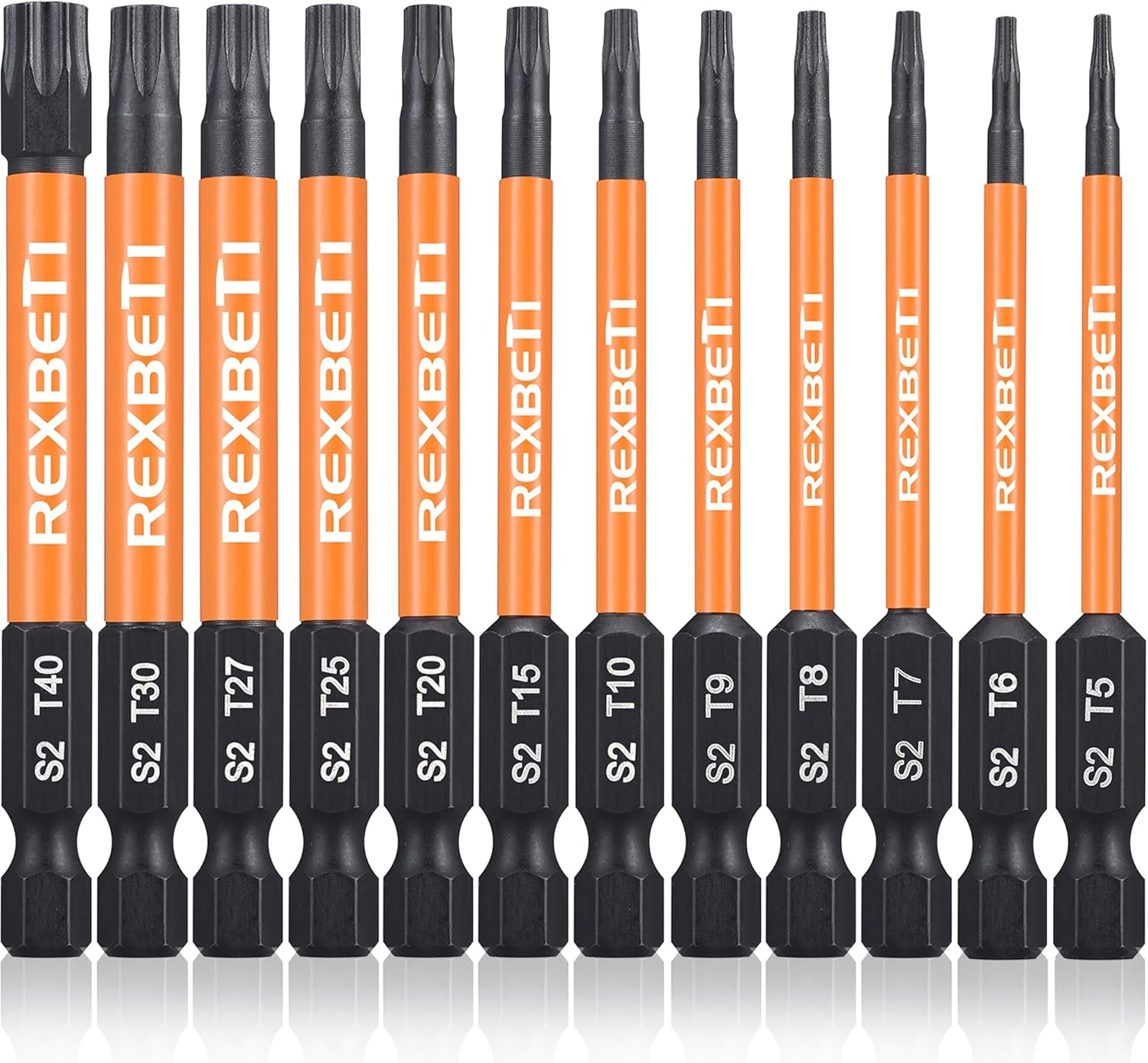 REXBETI 12 Piece Torx Head Screwdriver Bit Set, 1/4 Inch Hex Shank S2 Steel Magnetic 3 Inch Long Drill Bits, T5-T40 (Torx Head)