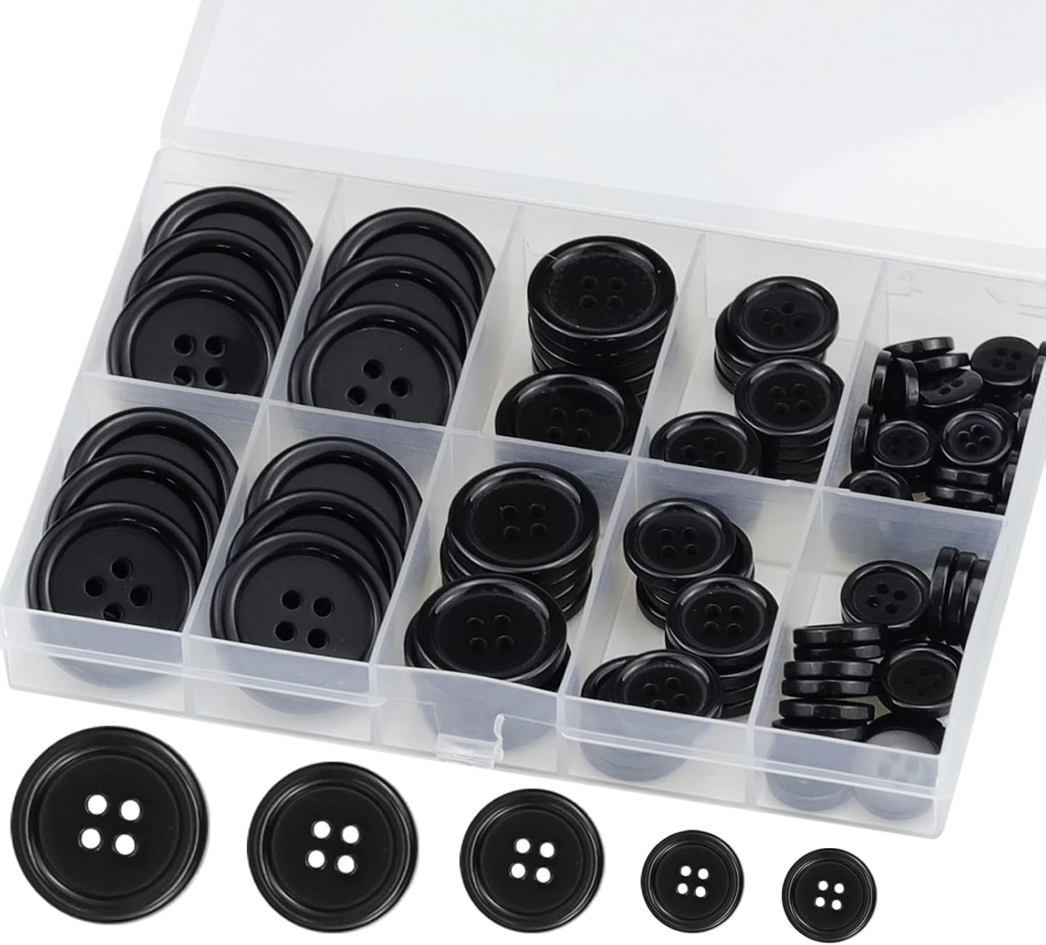100 Pcs Black Resin Sewing Buttons, 4-Hole Craft Suit Coat Shirt Buttons, 5 Size