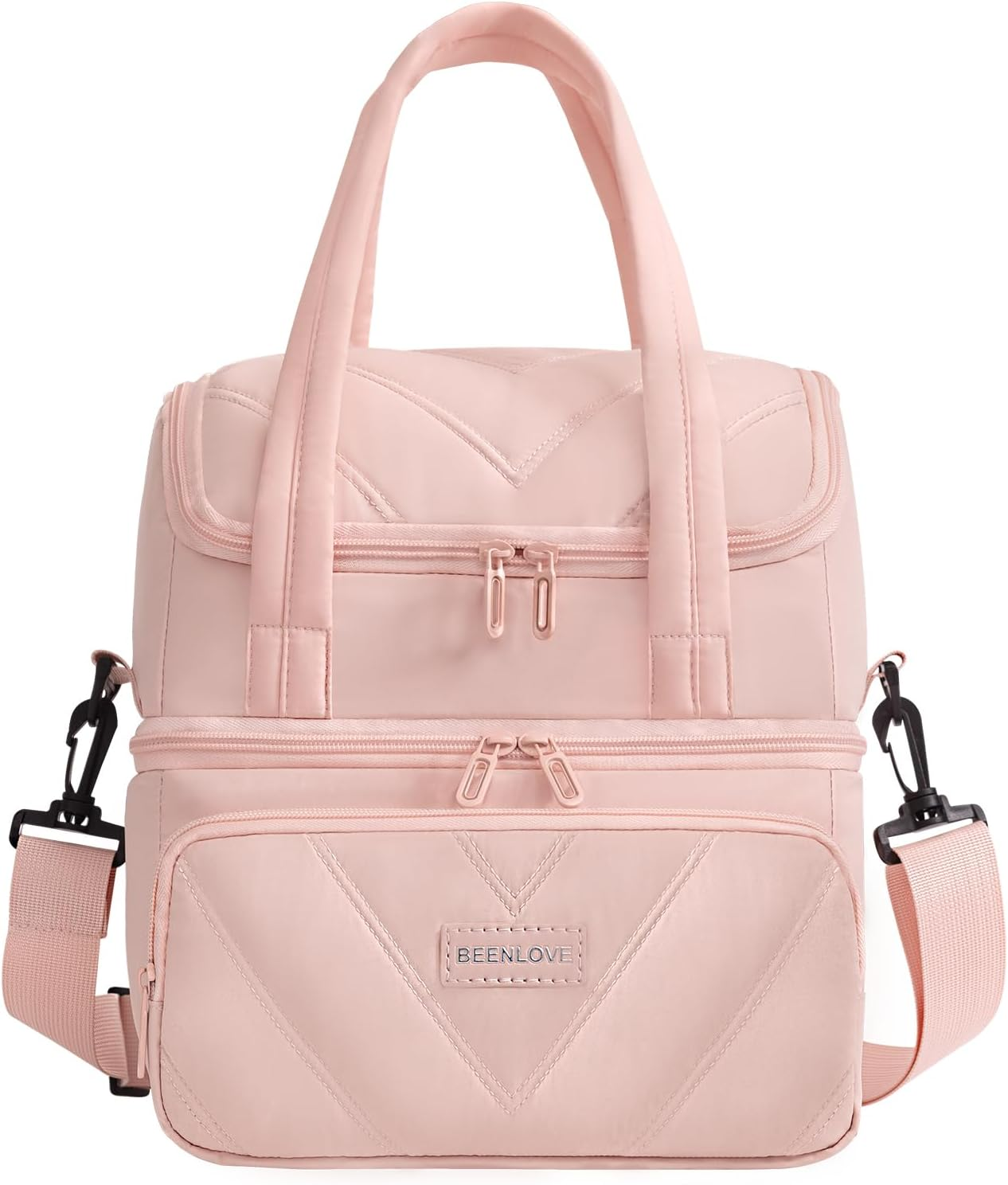 Lunch Bag for Women Insulated Double Deck Lunch Box Puffer Lunch Tote with Straps Leakproof 12L Lunch Cooler with Pockets for Work Picnic Meal Travel Beach Pink