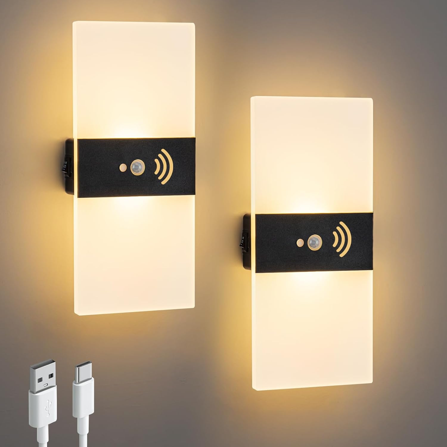 Motion Sensor Wall Light, Rechargeable LED Wall Sconce, Dimmable Magnetic Night Light, 3000K Warm White Wireless Lamp, Battery Powered Indoor Hallway Stairway Closet Bedroom, 2 Pack