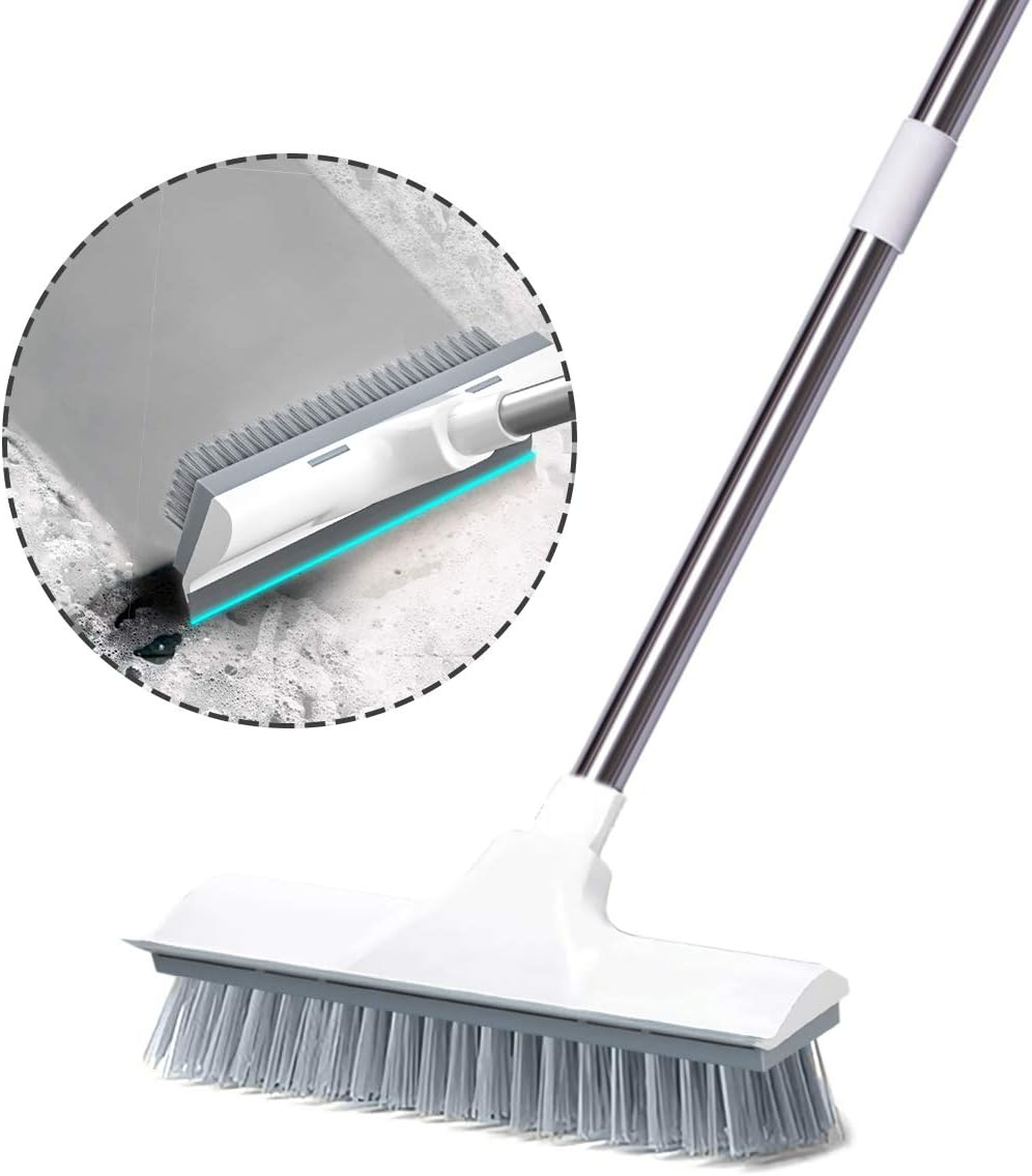 2 in 1 Floor Scrubbing Brush with Long Handle, Heavy Duty Stiff Bristle with Squeegee Shower Cleaning Scrub Brush for Cleaning Kitchen, Bathroom, Patio, Wall and Deck