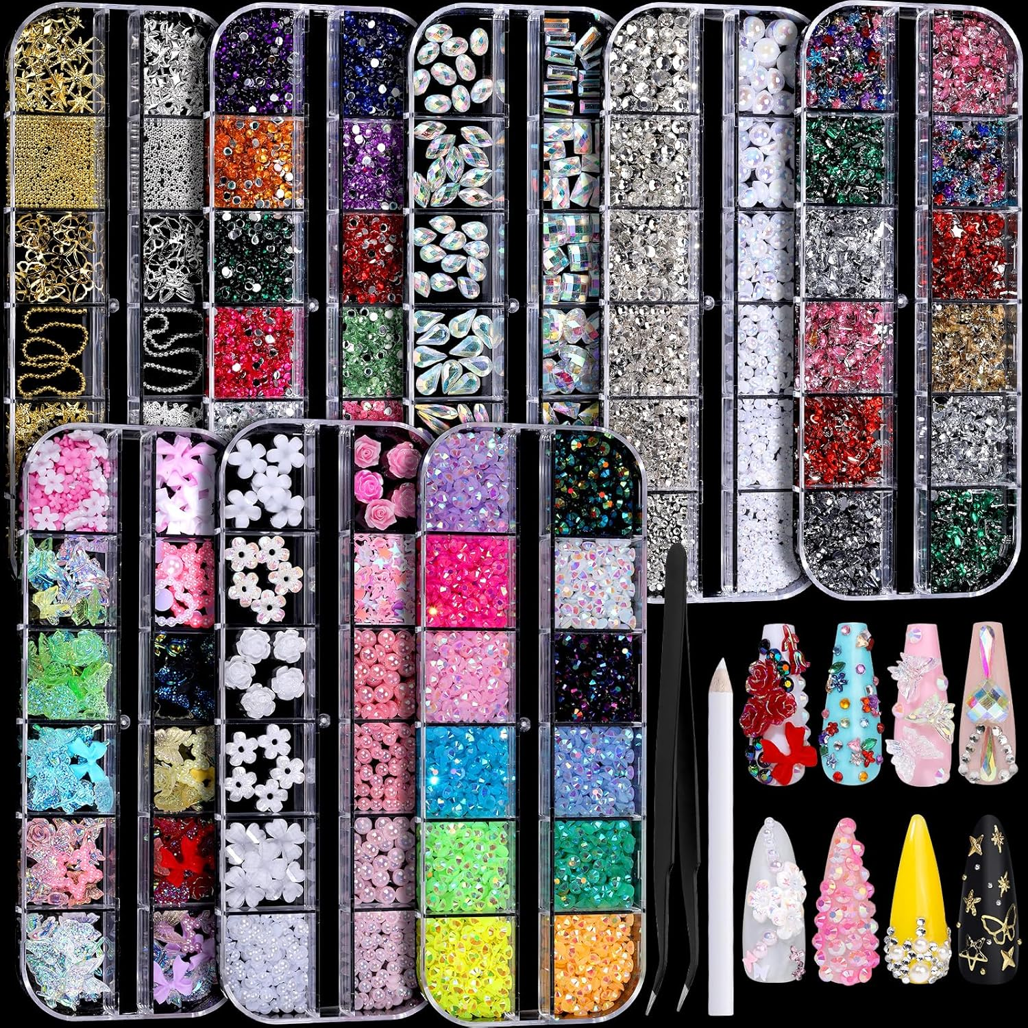 Nail Charms, Nail Rhinestones Kit with 8 Boxes of Nail Gems, 3D Charms for Nails, Colorful Clear Flatback Rhinestones, Charms Y2K for Nails, Multi Shape Pearls Jewels for Crafts