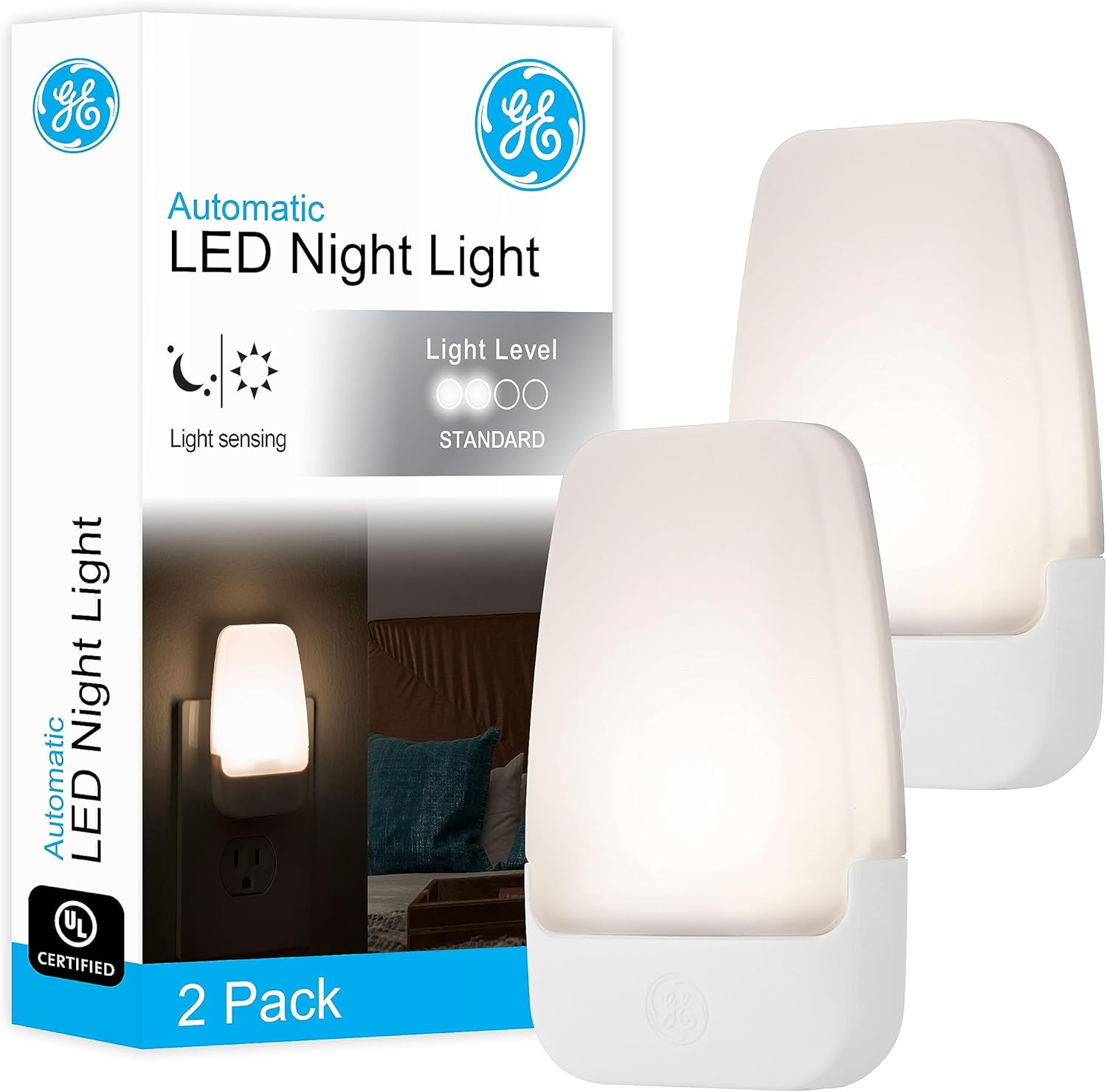 GE LED Night Light, Plug-In, Dusk to Dawn Sensor, Warm White, Ambient Lighting, Ideal Kids Adults Nightlight for Bedroom, Bathroom, Nursery, Hallway, Kitchen, 30966, 2 Pack
