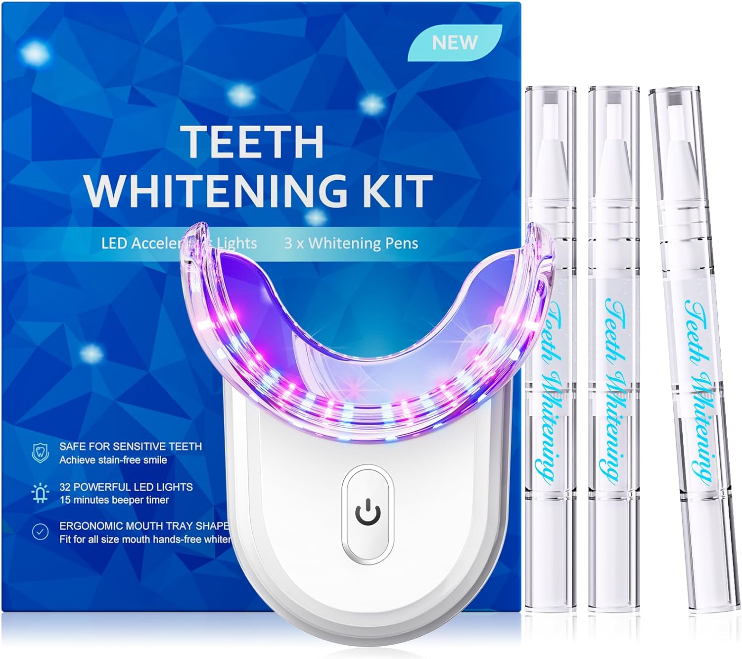 Teeth Whitening Kit with LED Light: 3 Whitening Gel Pens with 35% Carbamide Peroxide - Remove Coffee Tea Stains - 32X Dual LED Light - Safe Enamel Care - Daily Routine - for Yellow Teeth Users