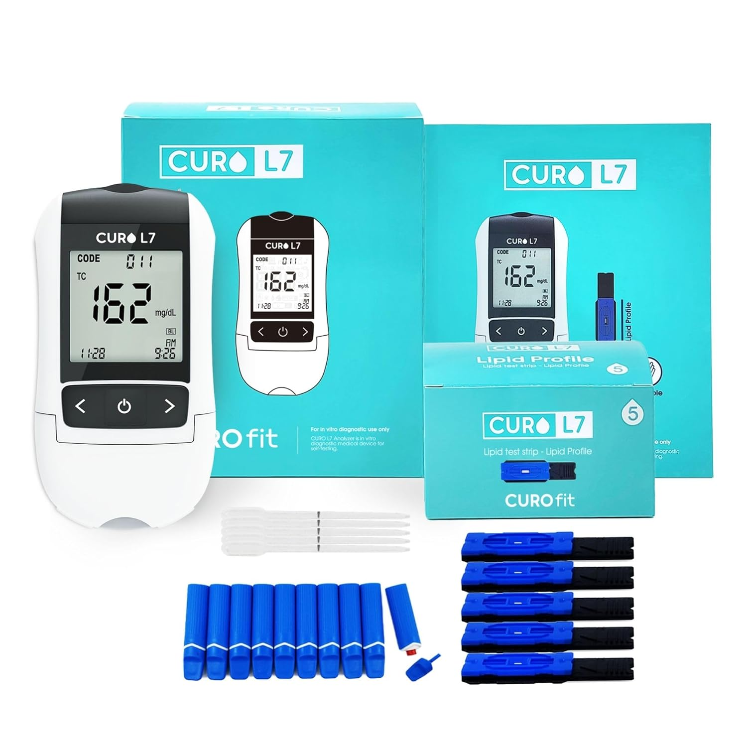 CURO-L7 Professional Grade Blood Cholesterol Testing with Home KIT - All-In-One Test Device, Test Strips 5Ea, Lancets, and Ezitube Rod Included