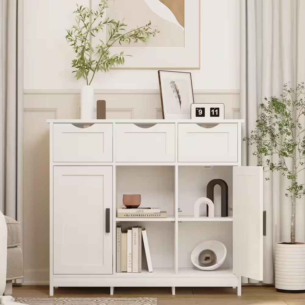 White Wooden Floor Storage Cabinet with Drawers and Shelves, Suitable for Living Room, Bedroom, Bathroom Decor