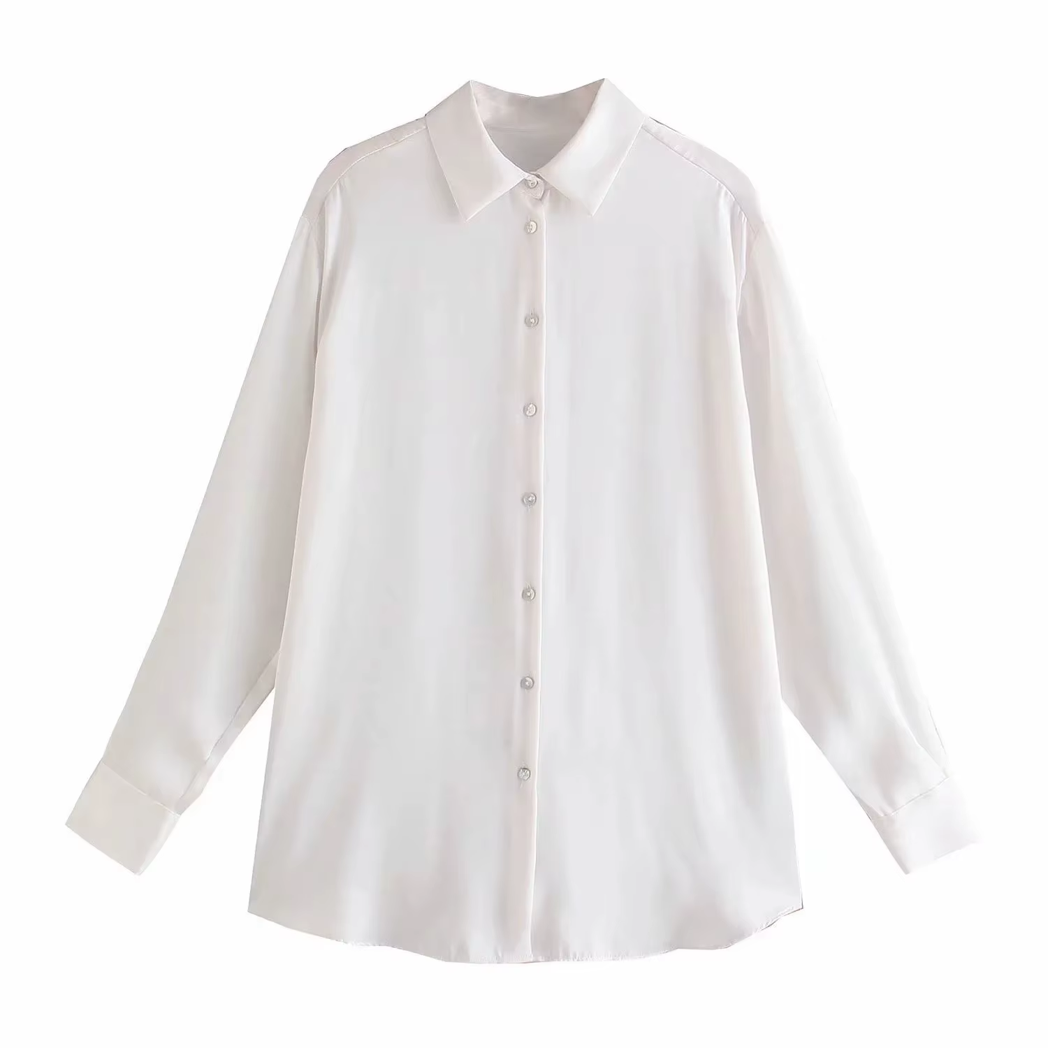 Women'S Chic Tops New Printed Satin Texture Blouse Shirts with Long Sleeves Button Decoration Sweet Crocheted Style MOQ 2Pcs