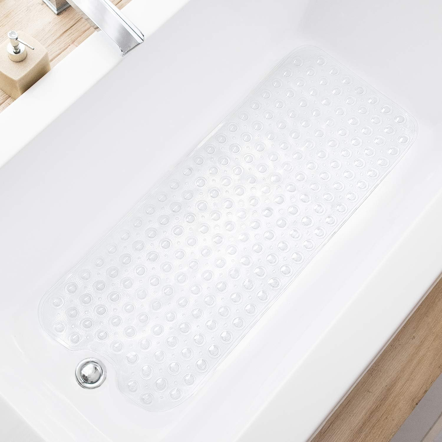 Bathtub Mats for Shower Tub, Extra Long Non-Slip 39 X 16 Inch Bath Mat with Drain Holes and Suction Cups, Bathmat for Bathroom with Machine Washable (Clear)