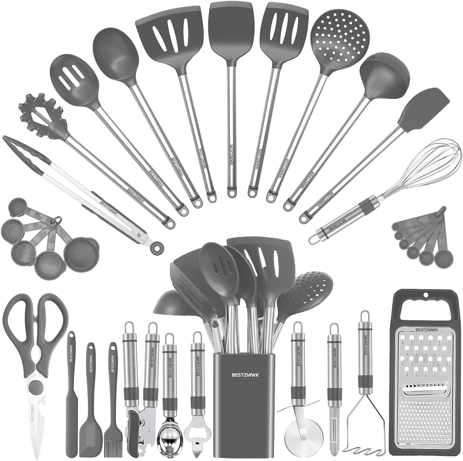 Kitchen Utensil Set-Silicone Cooking Utensils-33 Kitchen Gadgets & Spoons for Nonstick Cookware-Silicone and Stainless Steel Spatula Set-Best Kitchen Tools, Useful Pots (Grey)