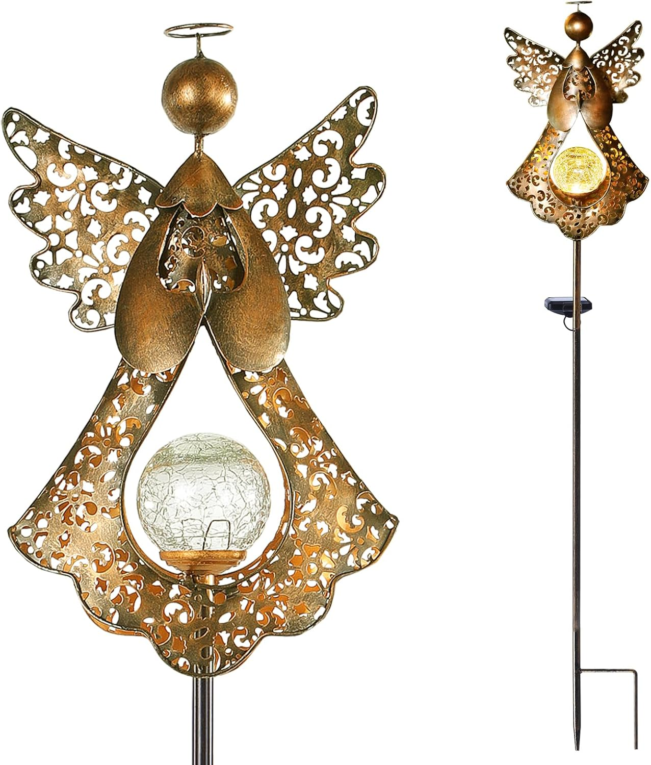 Angel Stake Solar Lights with Crackle Glass Globe Waterproof Warm White LED, 40.5 Inches Height Metal Bronze Stake Garden Patio Art Decor, Memorial Gift for Mom Women or Friends