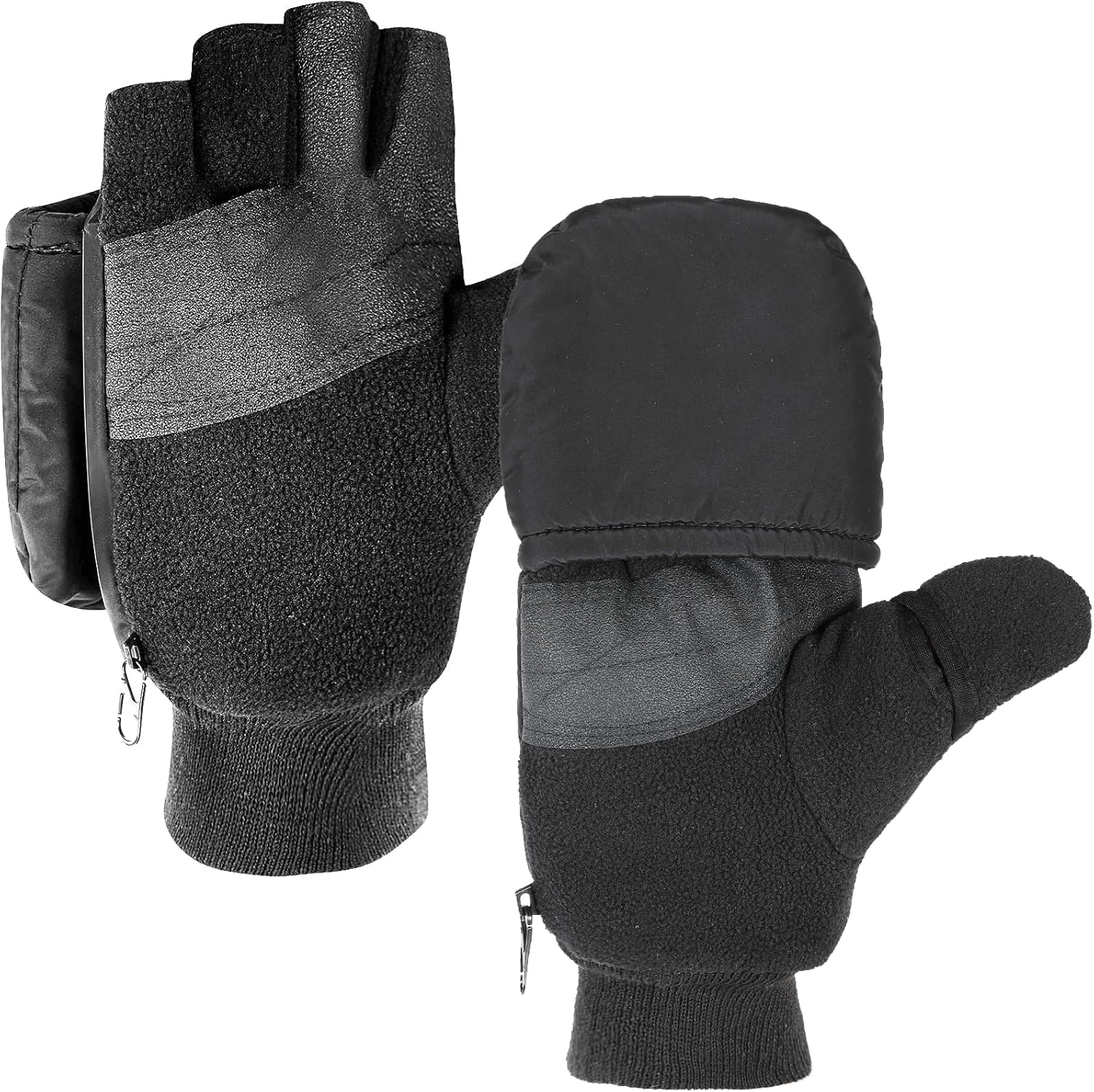 Jecery 2 Pairs Ice Fishing Gloves Convertible Mittens Flip Fingerless Mitt Winter Black Warm Gloves for Cold Weather Men Women Ice Fishing Photography or Hunting