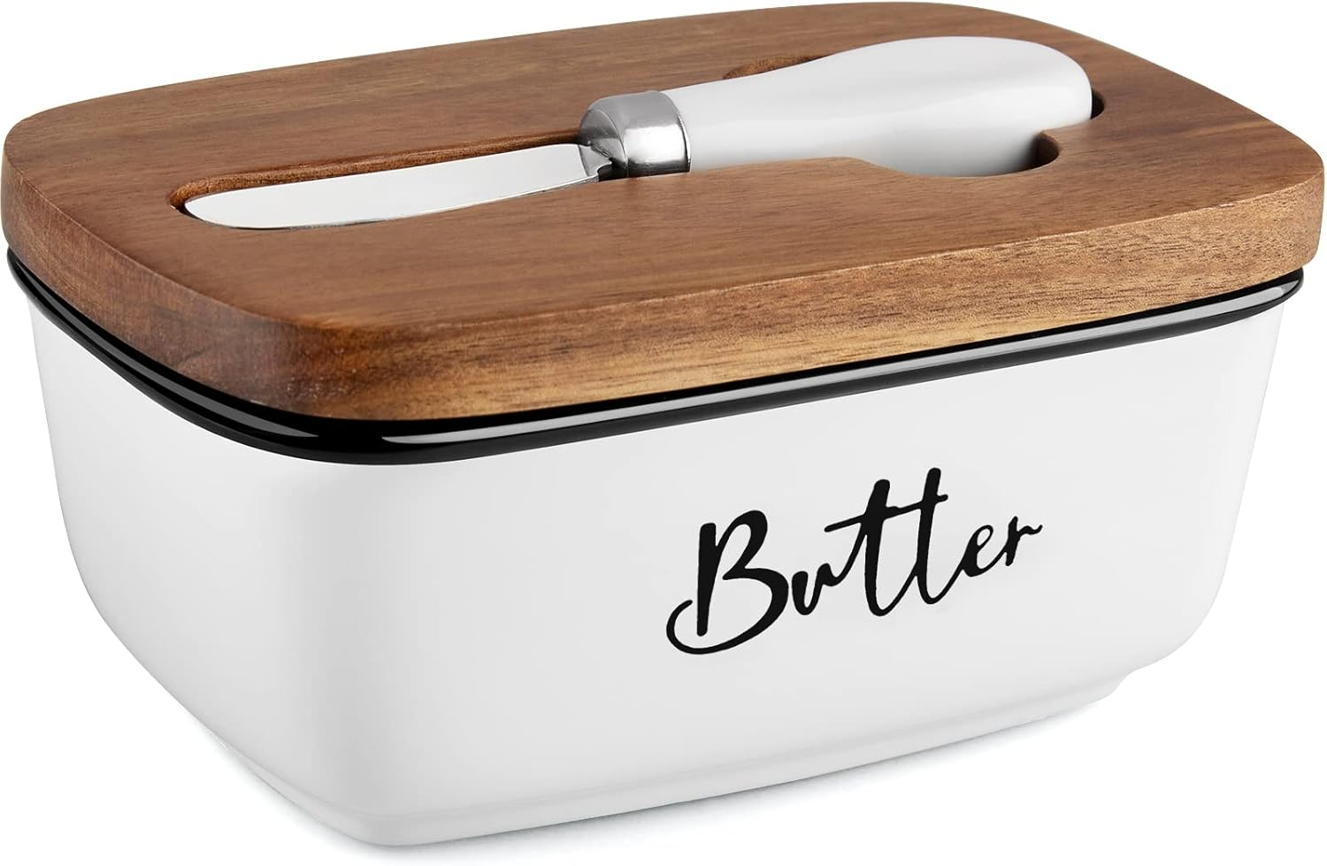 Ceramic Butter Dish with Lid and Knife for Countertop, Airtight Butter Keeper for Counter or Fridge, Butter Container with Thick Acacia Wood Lid, for Farmhouse Kitchen Decor and Accessories, White