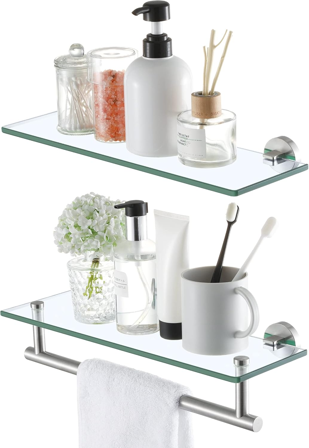 Glass Shelves for Bathroom, 16-Inch Bathroom Shelf Tempered Glass 2 Pack Wall Mount SUS 304 Stainless Steel Brushed Finish, A2022S41-2-C1