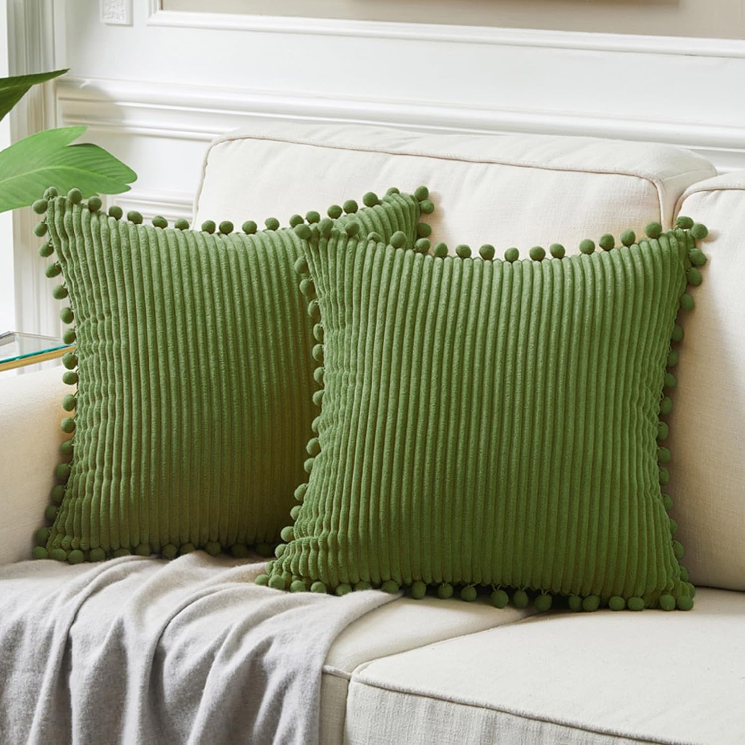 Pack of 2 Moss Green Decorative Throw Pillow Covers with Pom-poms, Soft Corduroy Solid Square Cushion Cases Set for Couch Sofa Bedroom Car Living Room (18x18 Inch/45x45 cm, Moss Green)