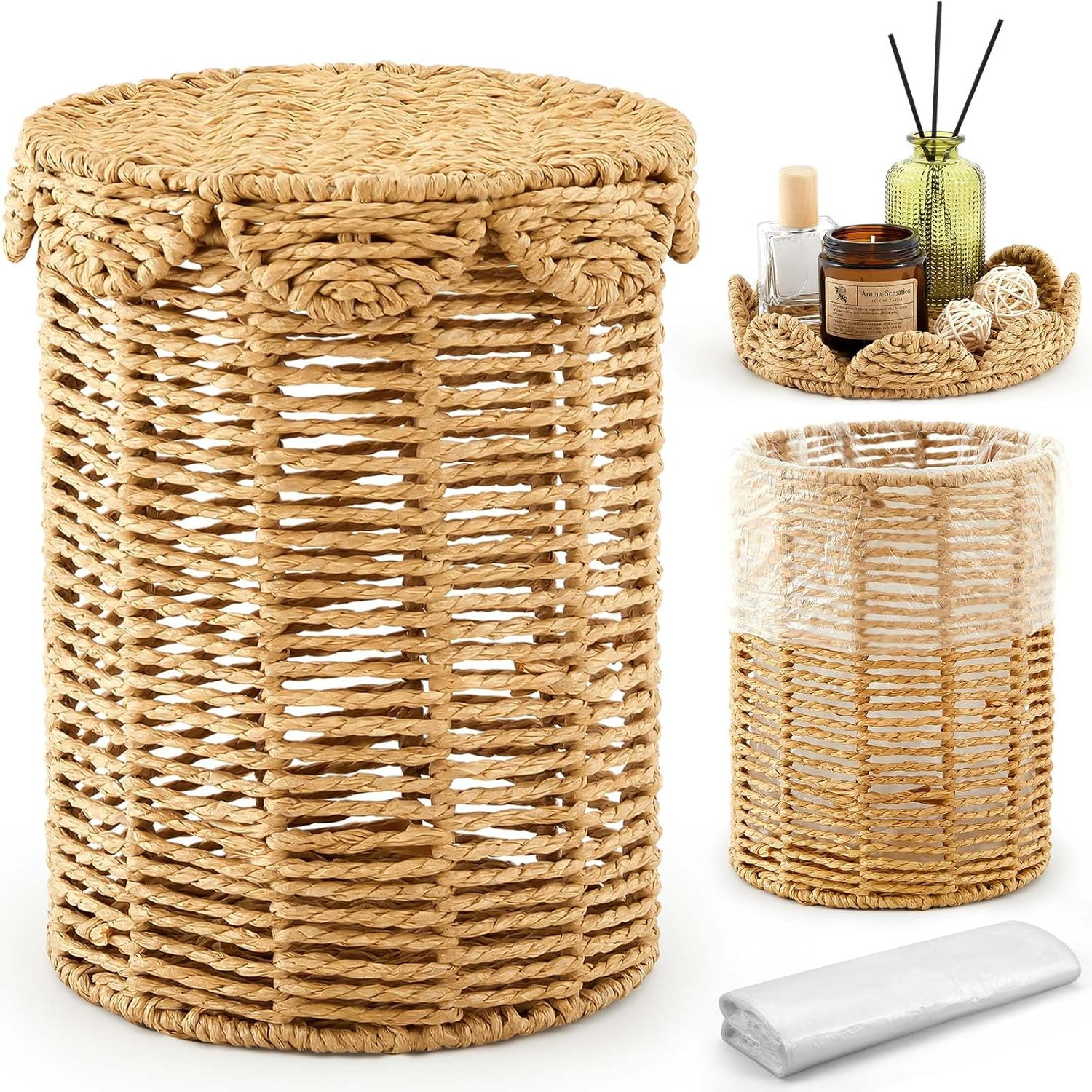 1.3 Gallons Small Wicker Trash Can with Lid Handle Woven Wicker Rattan Bathroom Waste Basket Boho Trash Basket with 100 Plastic Garbage Bags for Bedroom Laundry (Scalloped Style, Natural)
