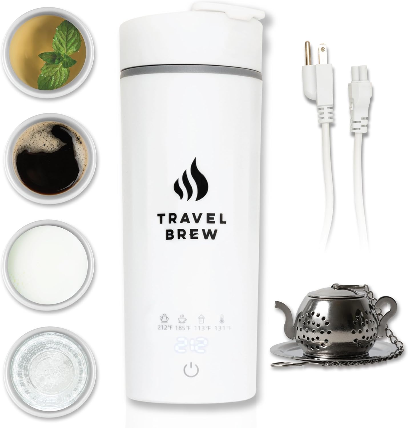 TRAVEL BREW Portable Travel Kettle with Tea Infuser- Mini Electric Kettle with 4 Temperature Settings, with Auto Shut-Off & Boil Dry Protection (White)