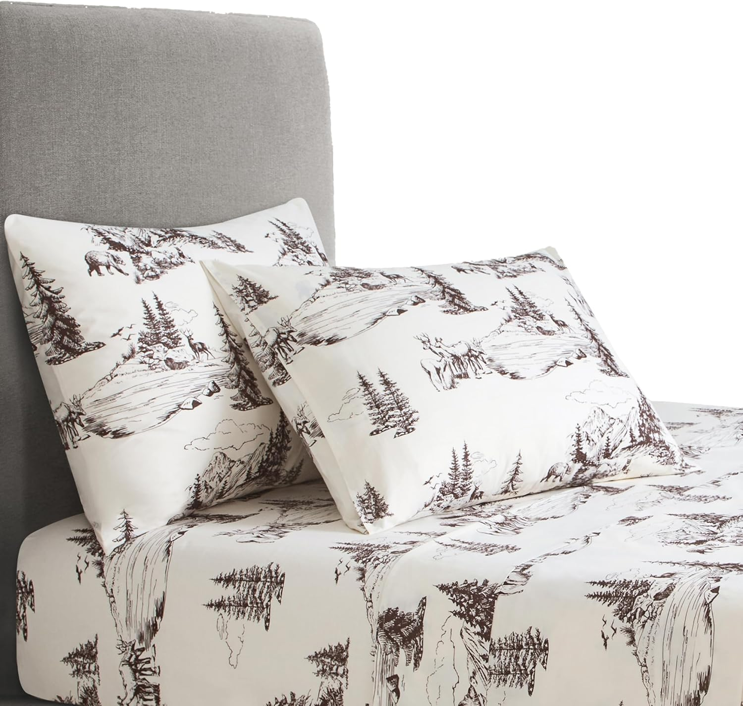White Pine Rustic Bedding 4 Piece King Sheet Set, Brown White Bear Deer Pine Tree Woodland Print Cotton Lodge Cabin Bedding, 1 Flat Sheet, 1 Fitted Sheet, 2 Pillowcases