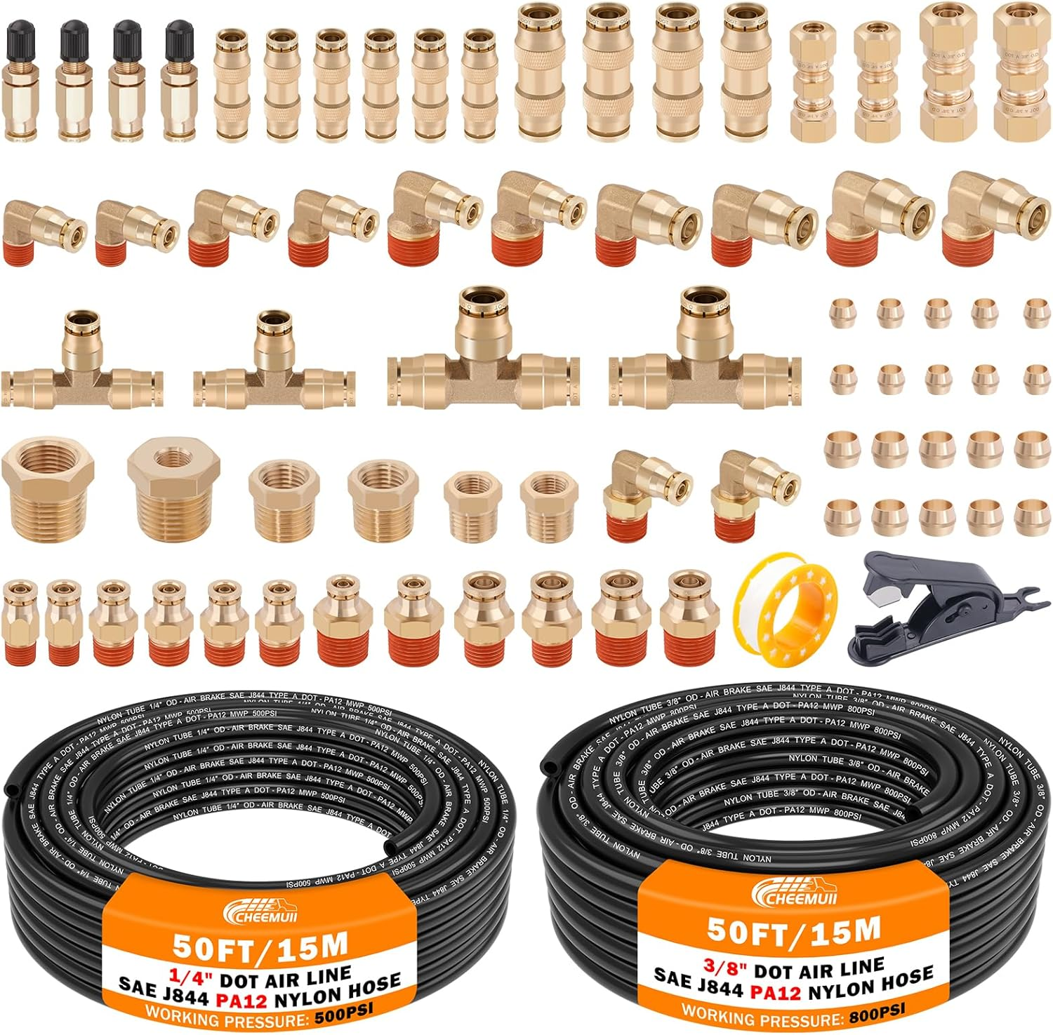 72 PCS Brass DOT Air Line Fittings with 50FT 1/4