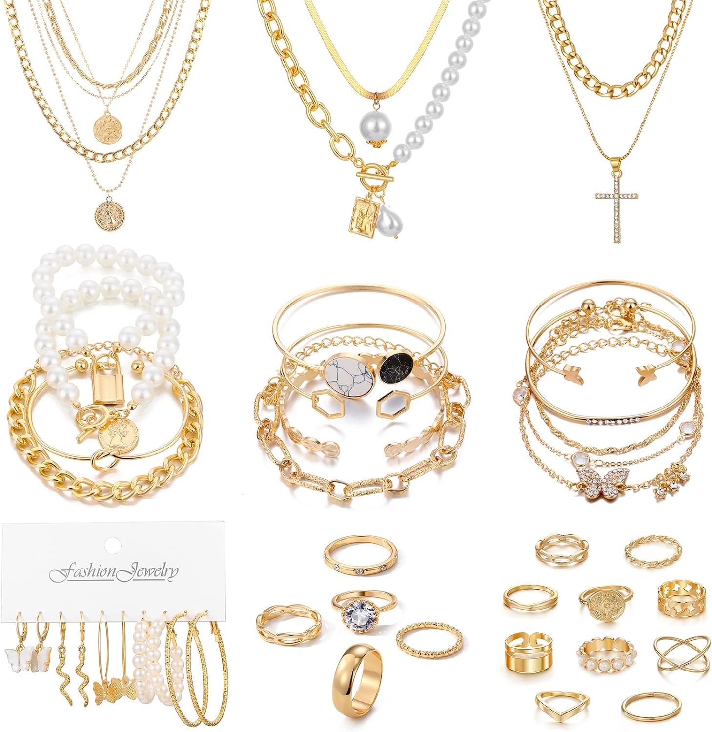 Gold Jewelry Set for Women, Multi Layered Necklaces Stackable Bracelets Knuckle Rings and Hoop Earrings Sets, Fashion Vacation Jewelry Costume Jewelry Packs