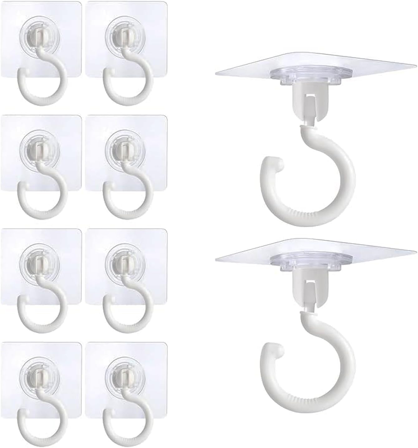 10Pcs Adhesive Ceiling & Wall Hooks, Heavy Duty Sticky Hooks, No-Drill Ceiling Hooks, under Cabinet Hooks, Outdoor Clear Self-Stick Wall Hook for Hanging Plants Lights Bags Towels Clothes Hat