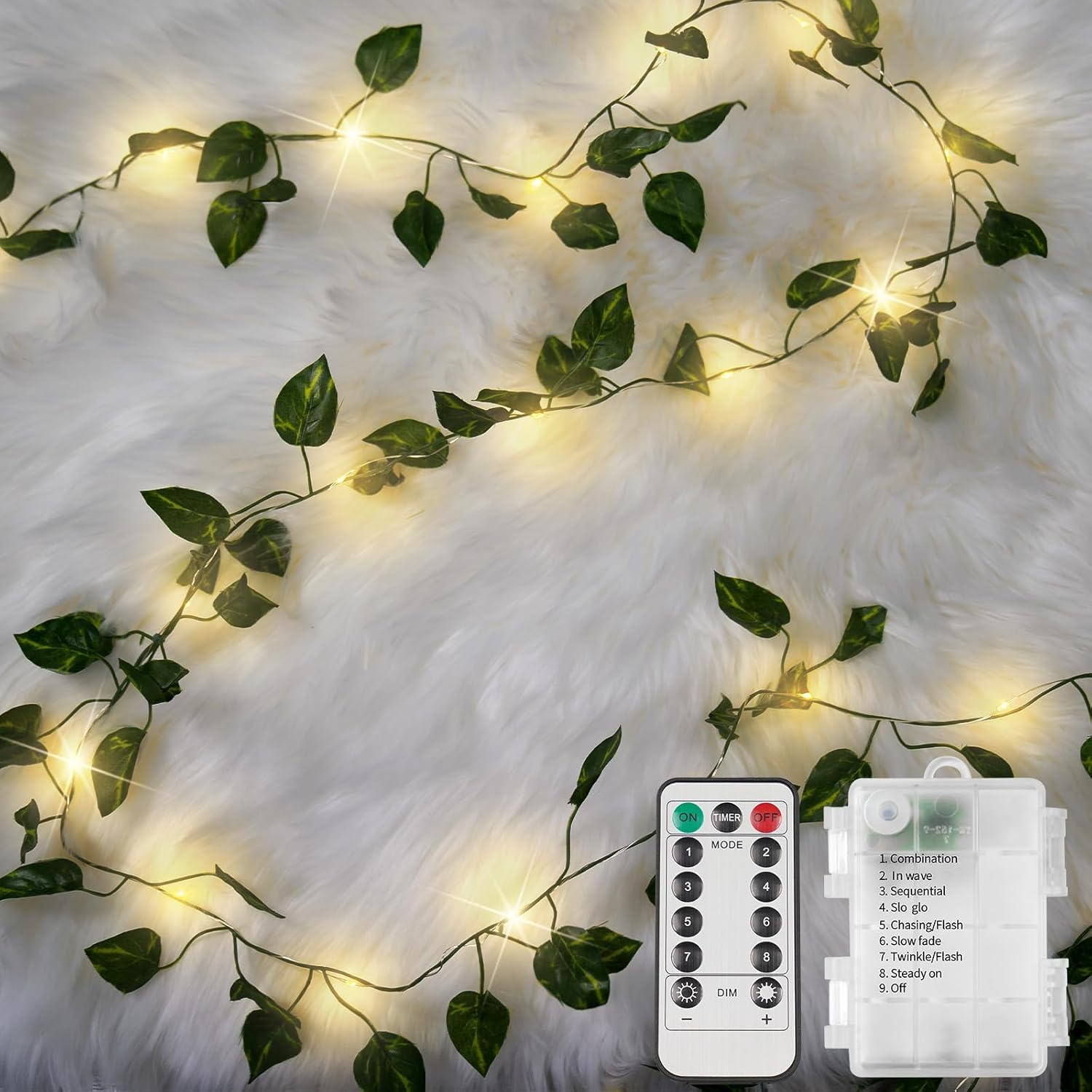 Vine with Fairy Lights Battery Operated, 33Ft100 LED Pothos String Lights with Remote, Leaf Lights for Bedroom, Room, Wall, Garden, Party, Wedding Dorm Decor(Warm White)