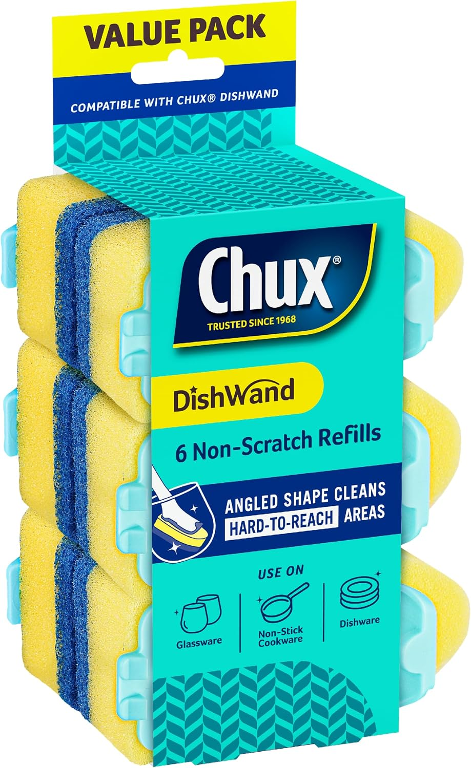 Dishwand Sponge Scourer Refills, Non-Scratch and Angled, 6 Count