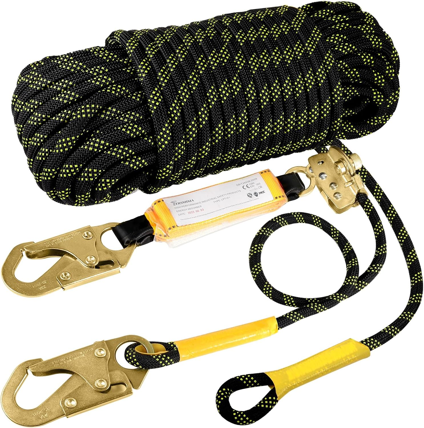 TRSMIMA Rope Harness Safety Lanyard：50Ft Roofing Rope Fall Protection | Vertical Safety Harness Rope with Grab Snap Hooks Shock Absorber - Tree Climbing Line Kit Heavy Duty Safety Equipment ANSI CE