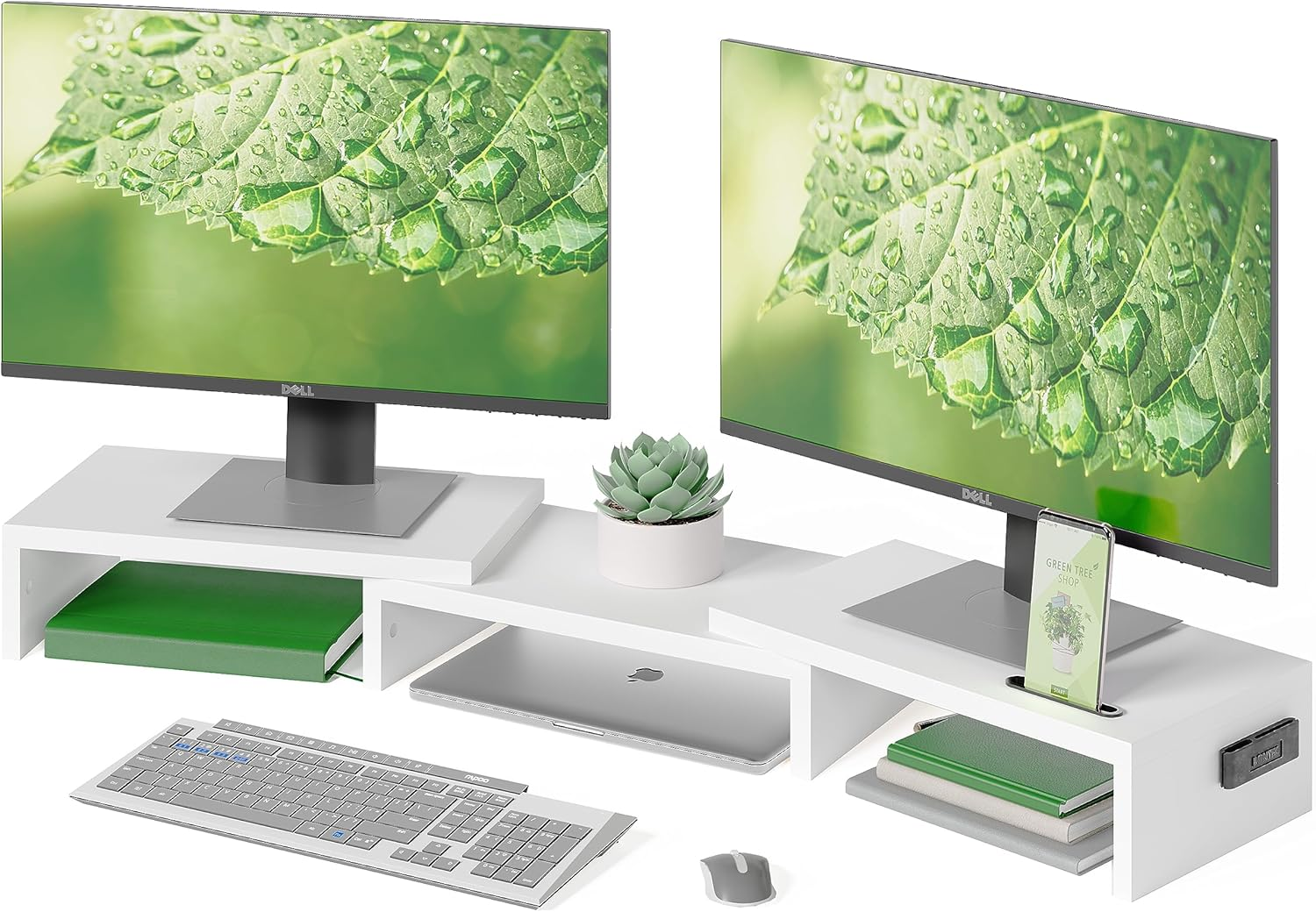 Dual Monitor Stand Riser with Smartphone Holder Adjustable Length & Swivel Angle