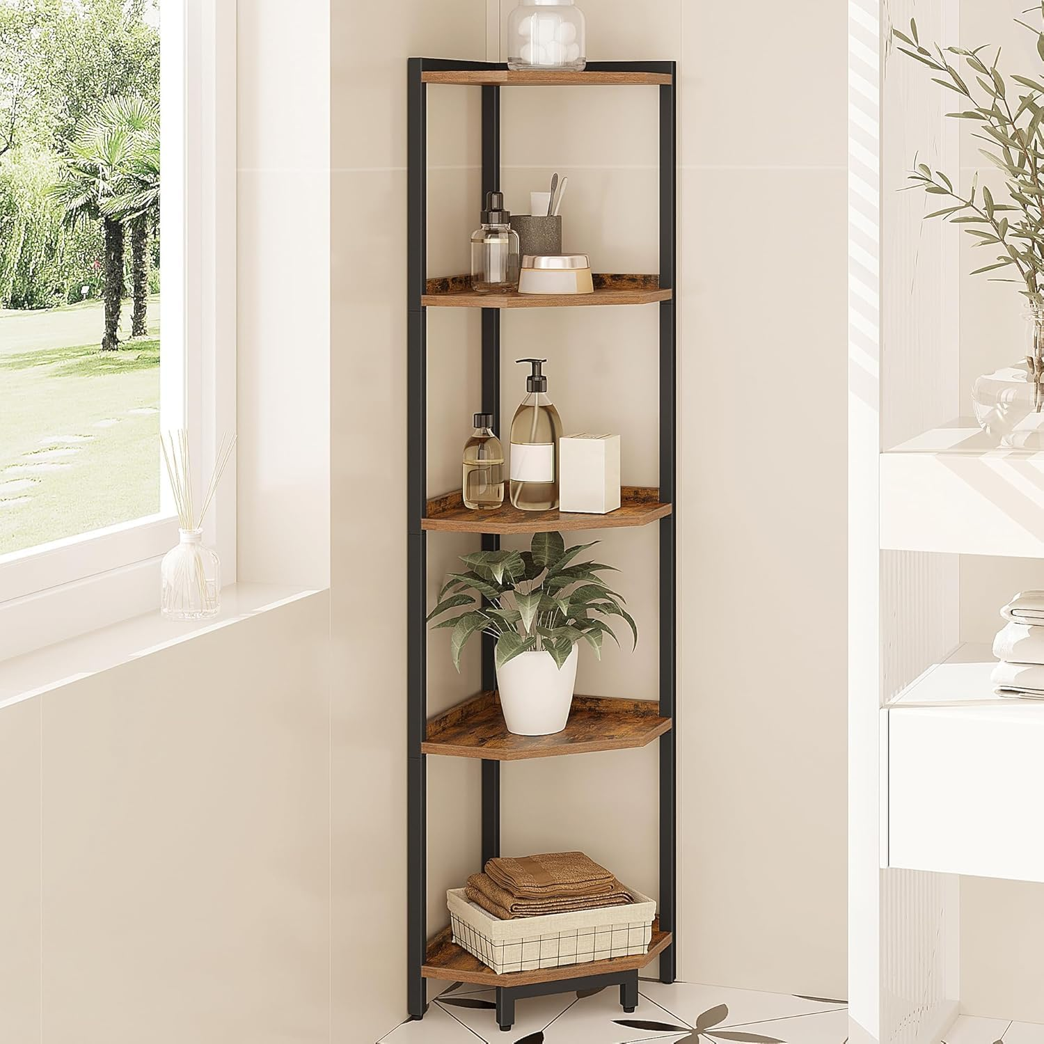 5 Tier Corner Bookshelf, Corner Shelf Stand, Rustic Brown